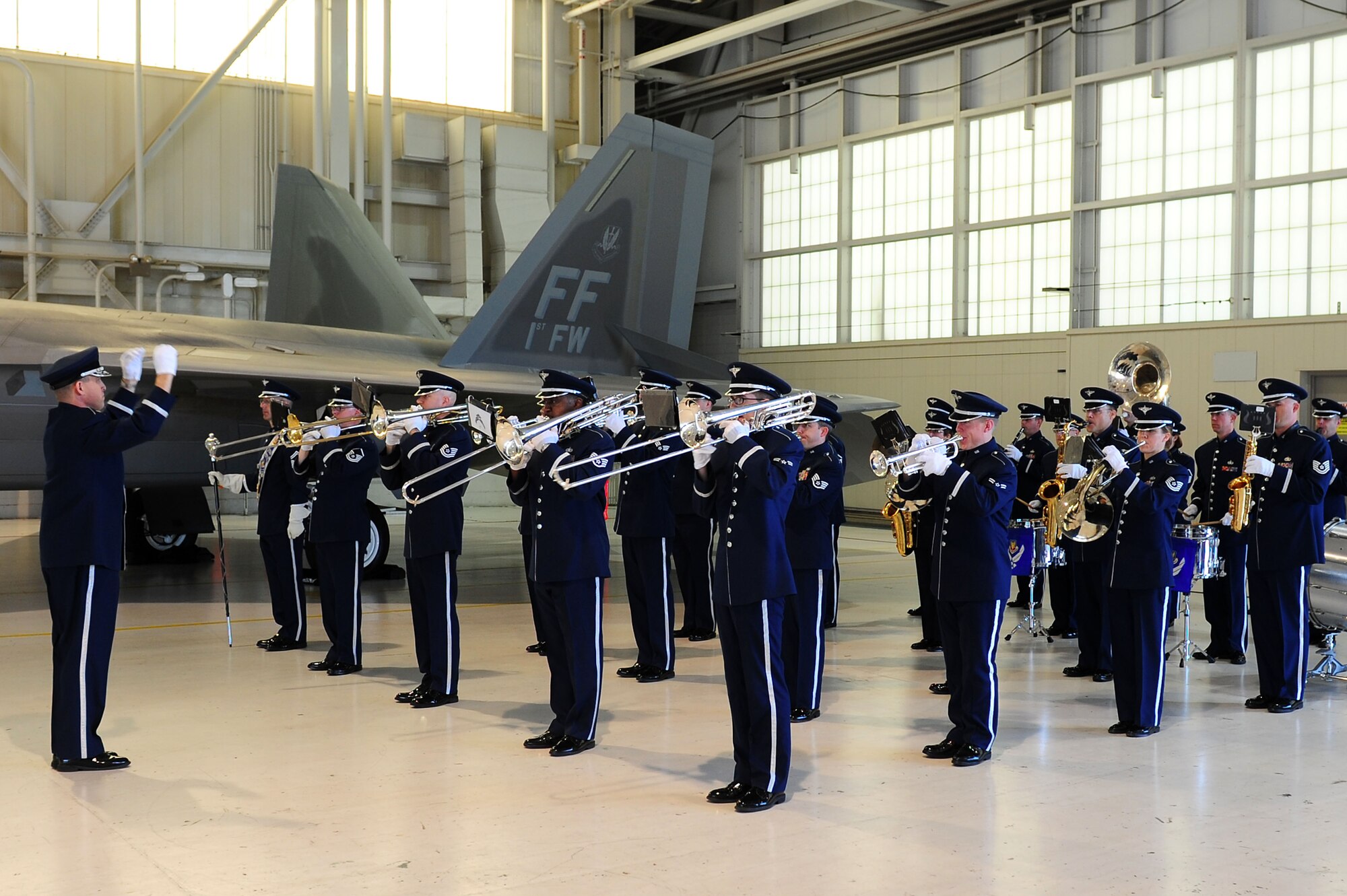 The U.S. Air Force Heritage Band of America performs prior to the Air Combat Command change of command ceremony at Langley Air Force Base, Va., Sept. 13, 2011. Gen. Mike Hostage assumed command in a ceremony officiated by then USAF Chief of Staff Gen. Norton Schwartz. (U.S. Air Force photo by Airman 1st Class Kayla Newman/Released)