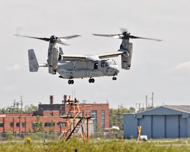 A U.S. Marine MV-22 Osprey prepares to land at the Niagara Falls Air Reserve Station 11, 2011, Niagara Falls, NY. The MV-22 Osprey was at the base as part of the Thunder of Niagara Air Show. (U.S. Air Force photo by Staff Sgt. Joseph McKee)