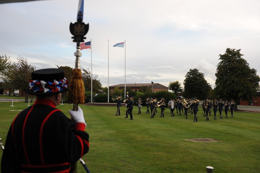 RAF ALCONBURY, United Kingdom - The Band of the Royal Air Force Regiment helps commemorate the 71st anniversary of The Battle of Britain with a Beating of Retreat and Sunset Ceremony Sept. 7 here. (U.S. Air Force photo by Tech. Sgt. John Barton)