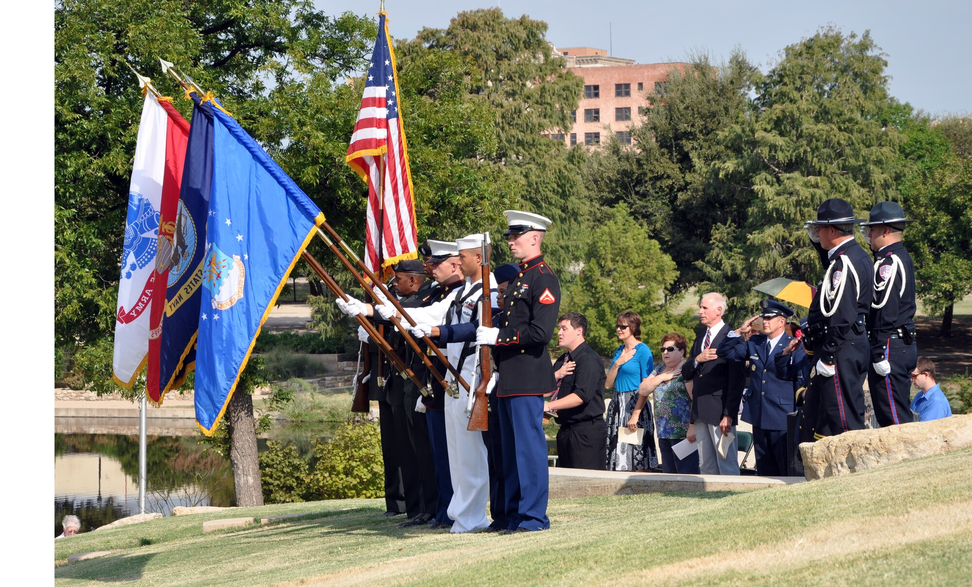 SAN ANGELO, Texas – Goodfellow Joint Service Color Guard posts the Colors during San Angelo’s annual 9/11 memorial service Sept. 10. (U.S. Air Force photo/Kent Cummins)