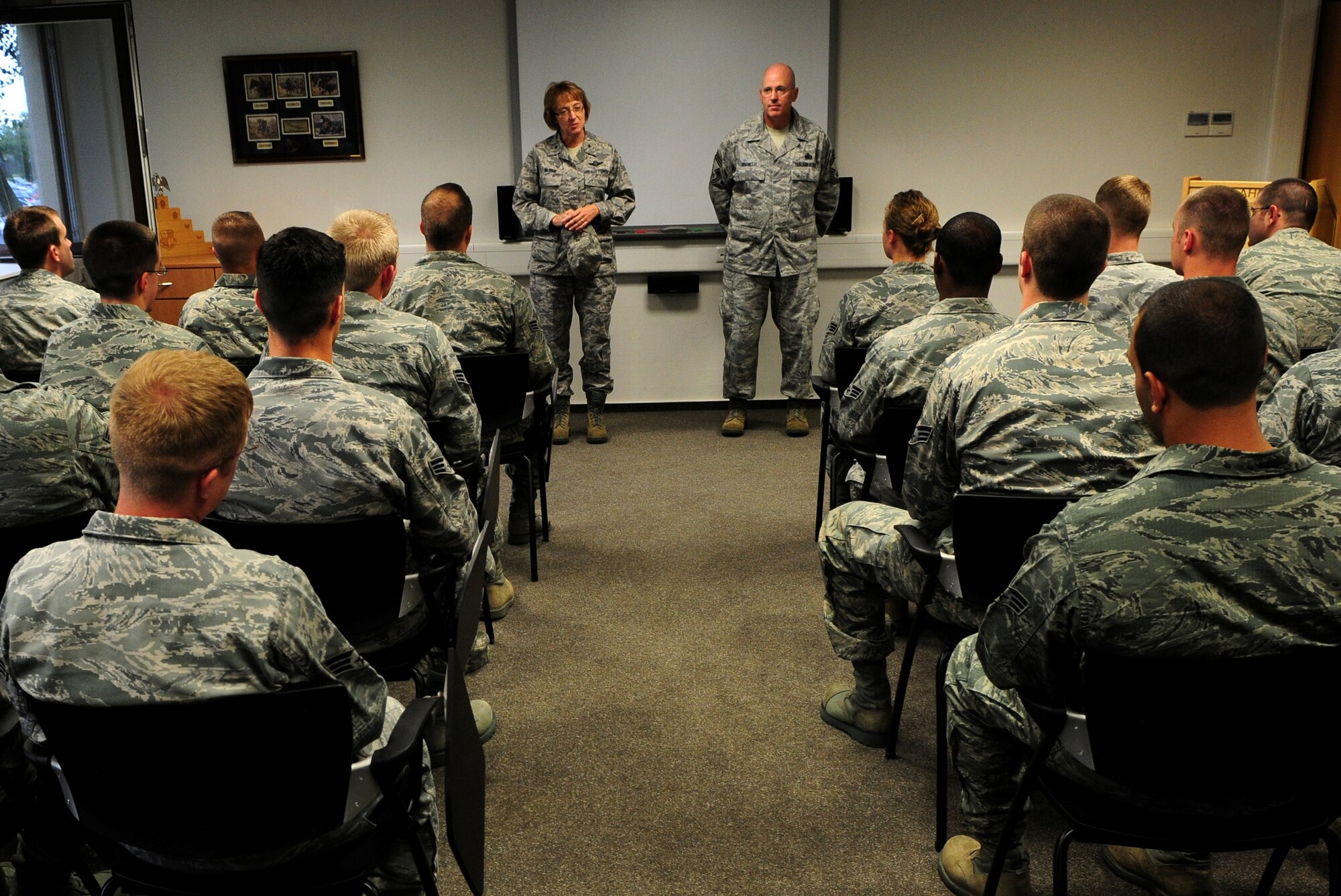 SPANGDAHLEM AIR BASE, Germany – Brig. Gen. Eden Murrie, director of Air Force Services, speaks with airman leadership school students during her visit here Sept. 9. General Murrie visited various facilities and flights within the 52nd Force Support Squadron to familiarize herself with how the 52nd Fighter Wing takes care of its Airmen and their families. (U.S. Air Force photo/Airman 1st Class Matthew B. Fredericks)