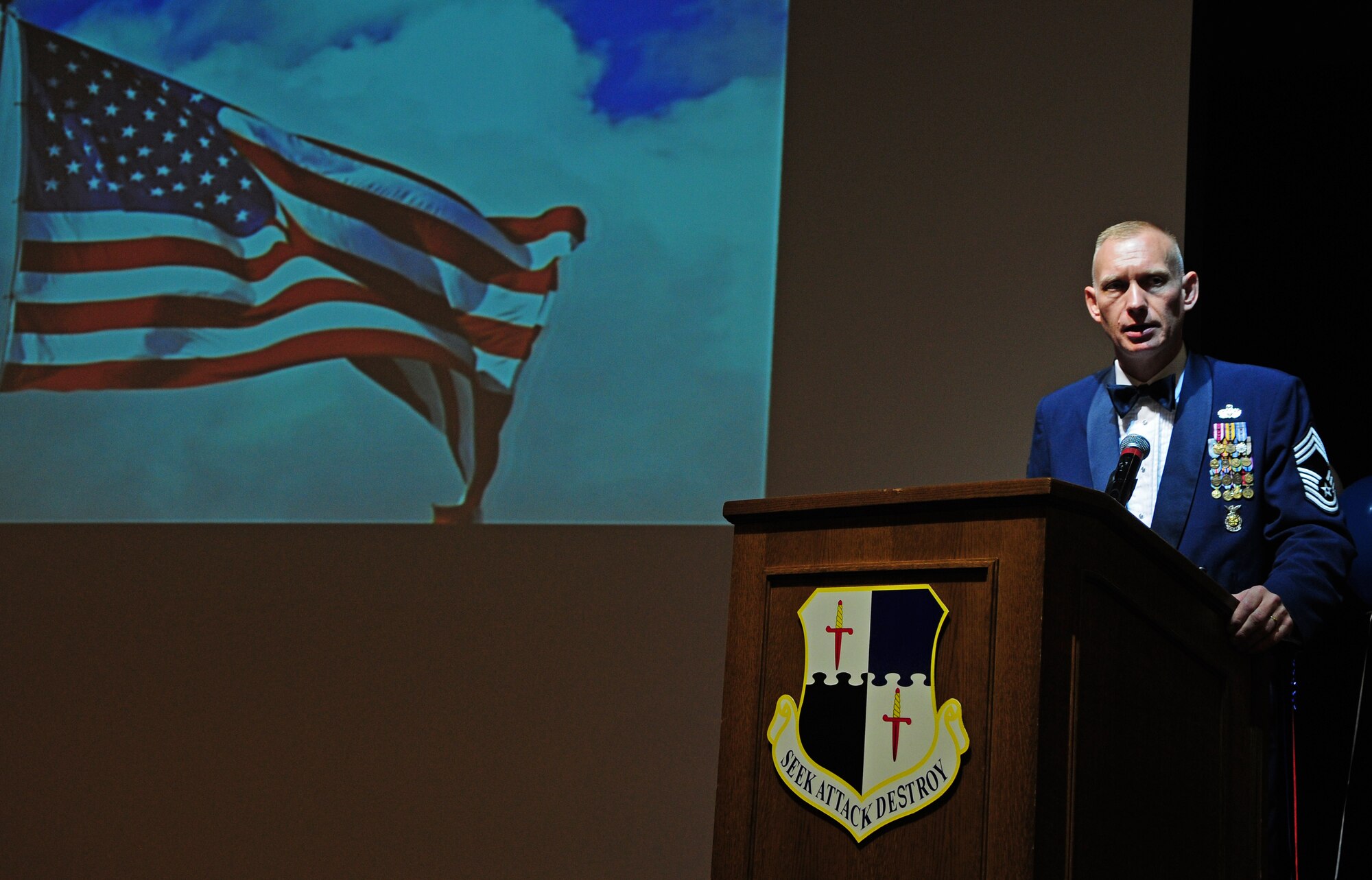 SPANGDAHLEM AIR BASE, Germany – Chief Master Sgt. Richard Lien, 52nd Civil Engineer Squadron fire chief, speaks about being an Airman during the 2011 Air Force Ball Sept 10 at Club Eifel. He was one of the five speakers at this event. Saber Airmen from across the 52nd Fighter Wing were invited to attend the event, which observed the Air Force's birthday and Airmen's contributions to the current fight. (U.S. Air Force photo/Airman 1st Class Matthew B. Fredericks)
