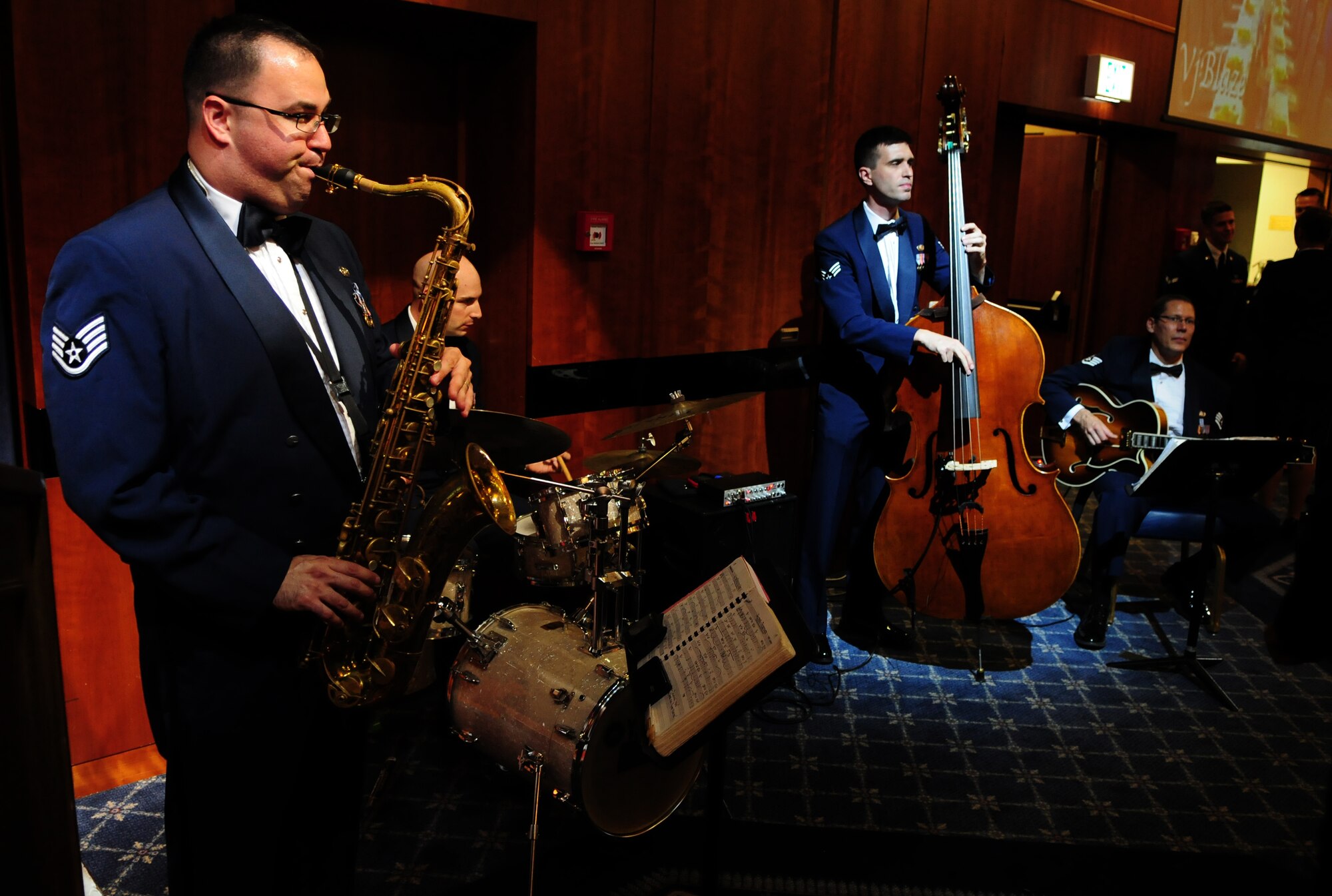 SPANGDAHLEM AIR BASE, Germany – A quartet from the United States Air Forces in Europe Band performs during the 2011 Air Force Ball Sept 10 at Club Eifel. Saber Airmen from across the 52nd Fighter Wing were invited to attend the event, which observed the Air Force's birthday and Airmen's contributions to the current fight. (U.S. Air Force photo/Airman 1st Class Matthew B. Fredericks)