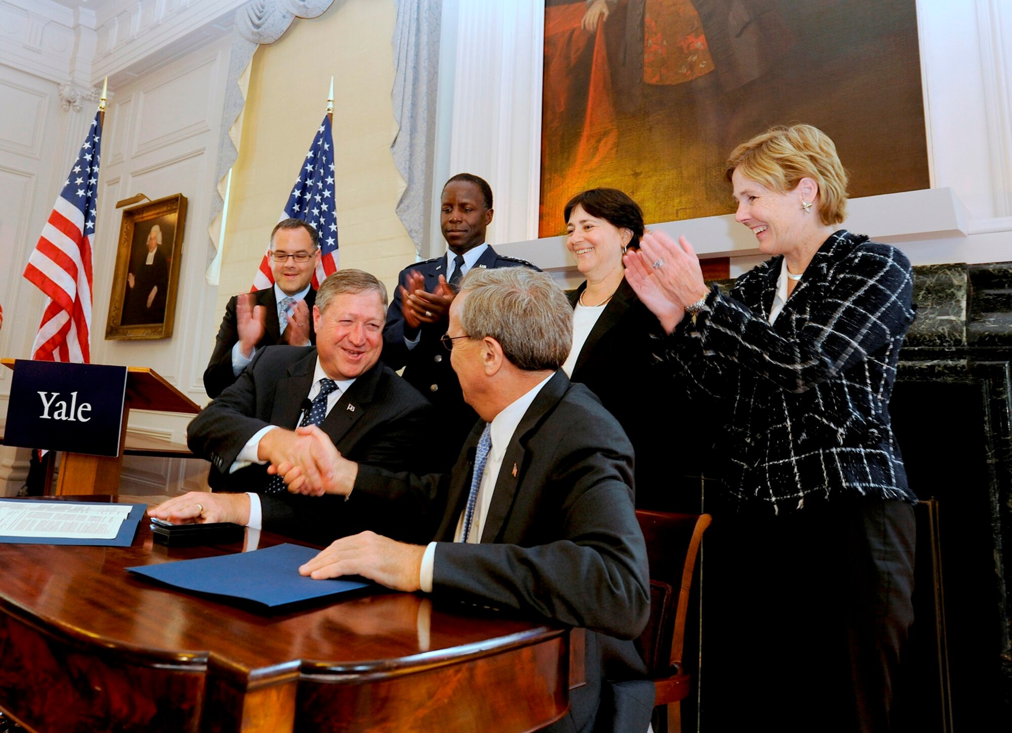 Secretary of the Air Force Michael Donley and Yale University president
Richard Levin shake hands after signing an agreement to establish an Air
Force ROTC detachment at Yale during a signing ceremony at the university's
Woodbridge Hall, Sept. 12, 2011.  Classes for cadets will begin at Yale in
the fall of 2012. (U.S. Air Force photo/Scott M. Ash)
