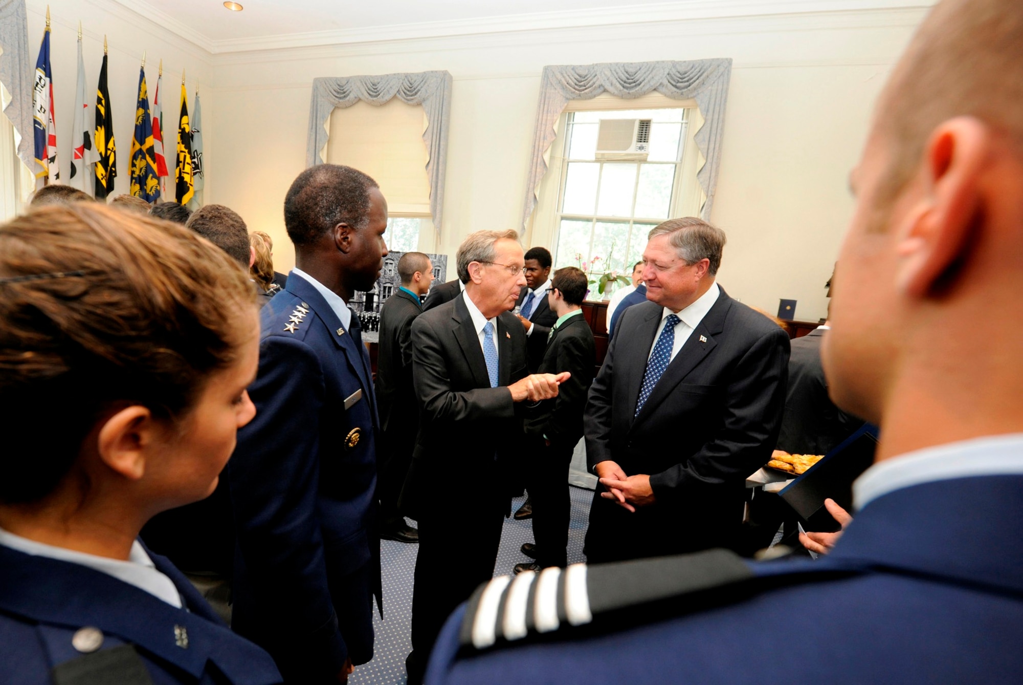 (From left) Gen. Edward Rice Jr., Richard Levin and Secretary of the Air Force Michael Donley take questions from University of Connecticut Air Force ROTC cadets following a signing ceremony Sept. 12, 2011, at Yale University in New Haven, Conn. During the ceremony, Donley and Levin signed an agreement to establish an Air Force ROTC detachment on the campus, which marks a renewed Air Force presence at Yale University. Rice is the commander of Air Education and Training Command and Levin is the president of Yale. (U.S. Air Force photo/Scott M. Ash)