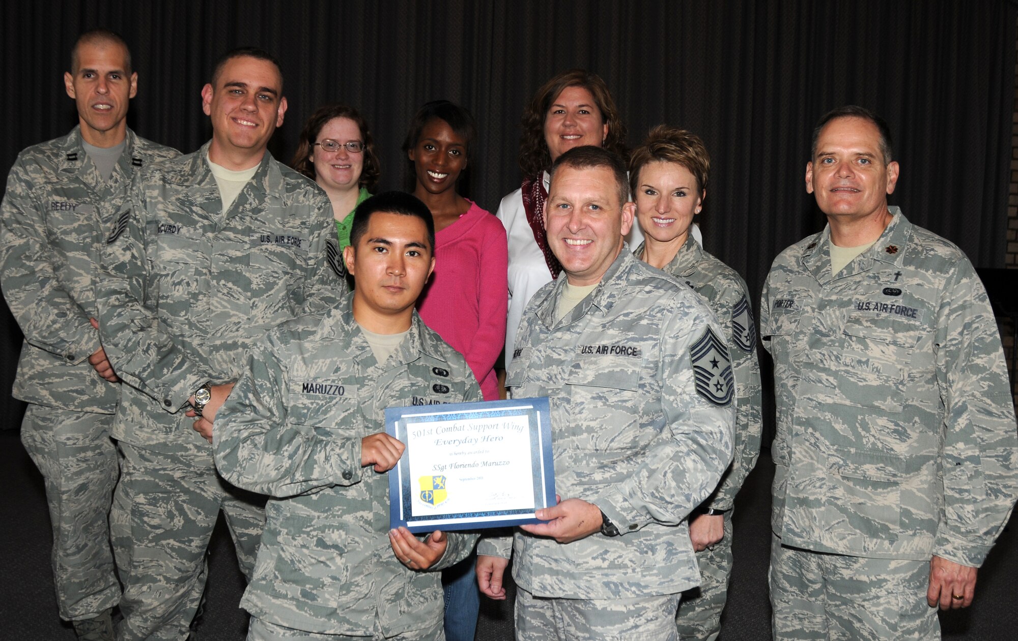 RAF ALCONBURY, United Kingdom - Staff Sgt. Floriendo Maruzzo, 501st Combat Support Wing Chapel, was named the September 501st Everyday Hero from the 501st CSW Staff. Marruzzo helps manage a full spectrum religious support for the Tri-base community supporting freedom of religion for more than 3,000 people. (US. Air Force photo by Senior Airman Joel Mease)