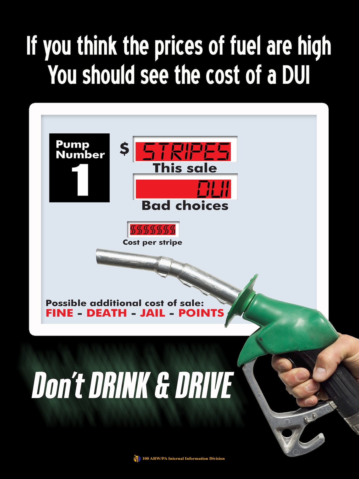 If you think the prices of fuel are high, you should see the cost of a DUI. This poster was produced as part of the on-going Don't Drink and Drive campaign. (U.S. Air Force graphic by Gary Rogers)