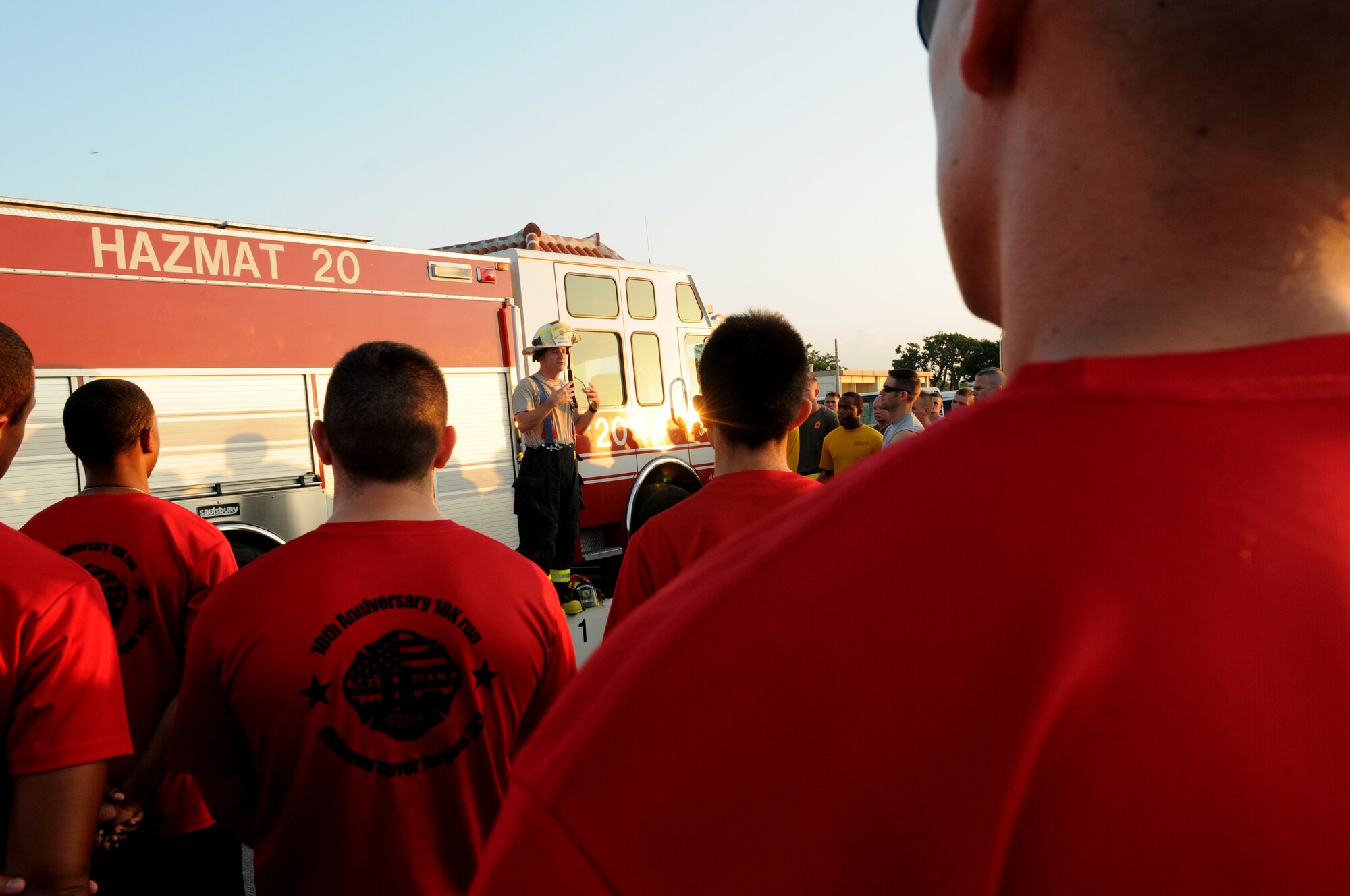 Col. Brian Duffy, 18th Civil Engineer Group commander, gives a speech to a group of runners prior to the 9/11 10K Run for the Fallen at Kadena Air Base, Japan, Sept.9.  Kadena members took part in the run to pay tribute to the almost 3,000 men, women and children who lost their lives on Sept. 11, 2001. (U.S. Air Force photo/Airman 1st Class Jarvie Z. Wallace)
