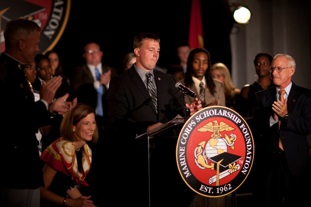Sgt. Dakota Meyer pauses during a moment of appreciation after announcing his scholarship initiative at the 2011 Scholarship Announcement Ceremony and Reception at the Library of Congress Sept. 13, 2011. Meyer intends for his initiative to raise $2 million for the Marine Corps Scholarship Foundation, that provides scholarships for Marine children.