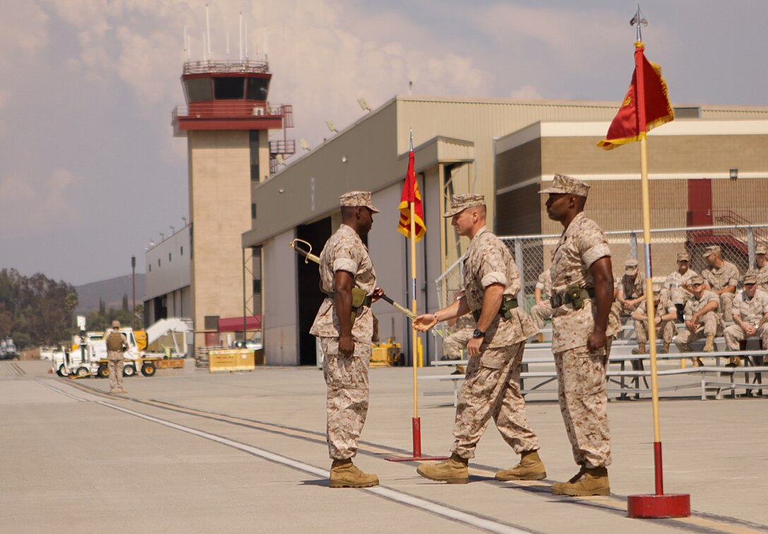Sergeant Major Mark A. Byrd relinquished his duties to Sgt. Maj. Joseph D. Gaines during HMLA-169's post and relief ceremony at Marine Corps Air Station Camp Pendleton, Sept. 13. In September 2008, Byrd assumed his duties as the air wing's sergeant major. Gaines, was previously the sergeant major for Inspector-Instructor Staff, 2nd Battalion, 25th Marines, Garden City, NY.