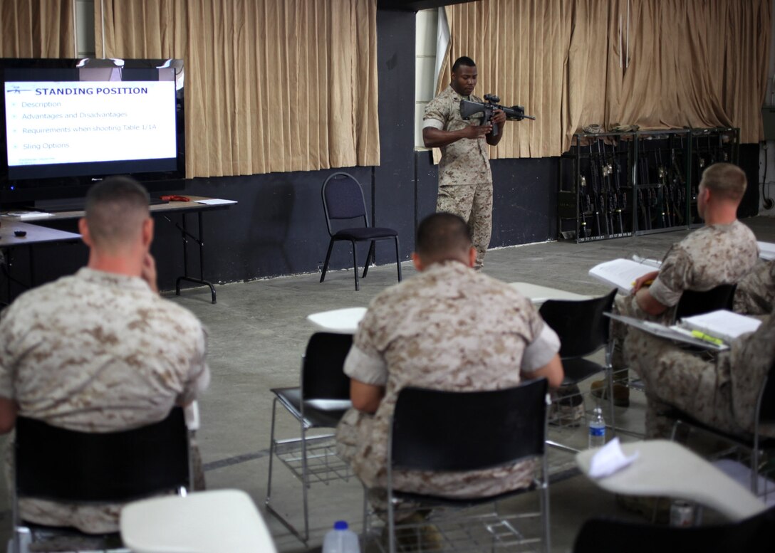 Sgt. Jerome E. Hutcheson, a 29-year-old Formal Marksmanship Training Course instructor, instructs Marines how to hold an M16 A4 service rifle in the standing position aboard Camp Pendleton, Calif., Sept. 14.