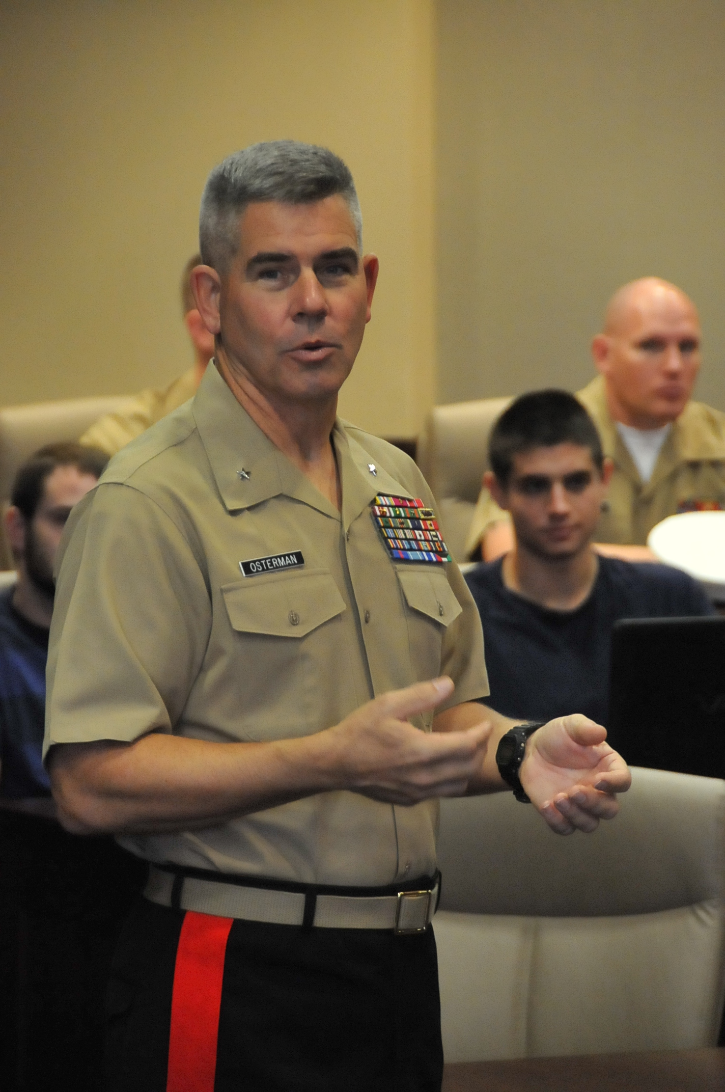 Brig. Gen. Joseph L. Osterman, Marine Corps Recruiting Command’s commanding general, visited Texas Christian University students, Sept. 14, 2011.  He fielded questions from the “Horned Frogs” and went over several topics ranging from foreign policy to how the Marine Corps operates within the federal government.
