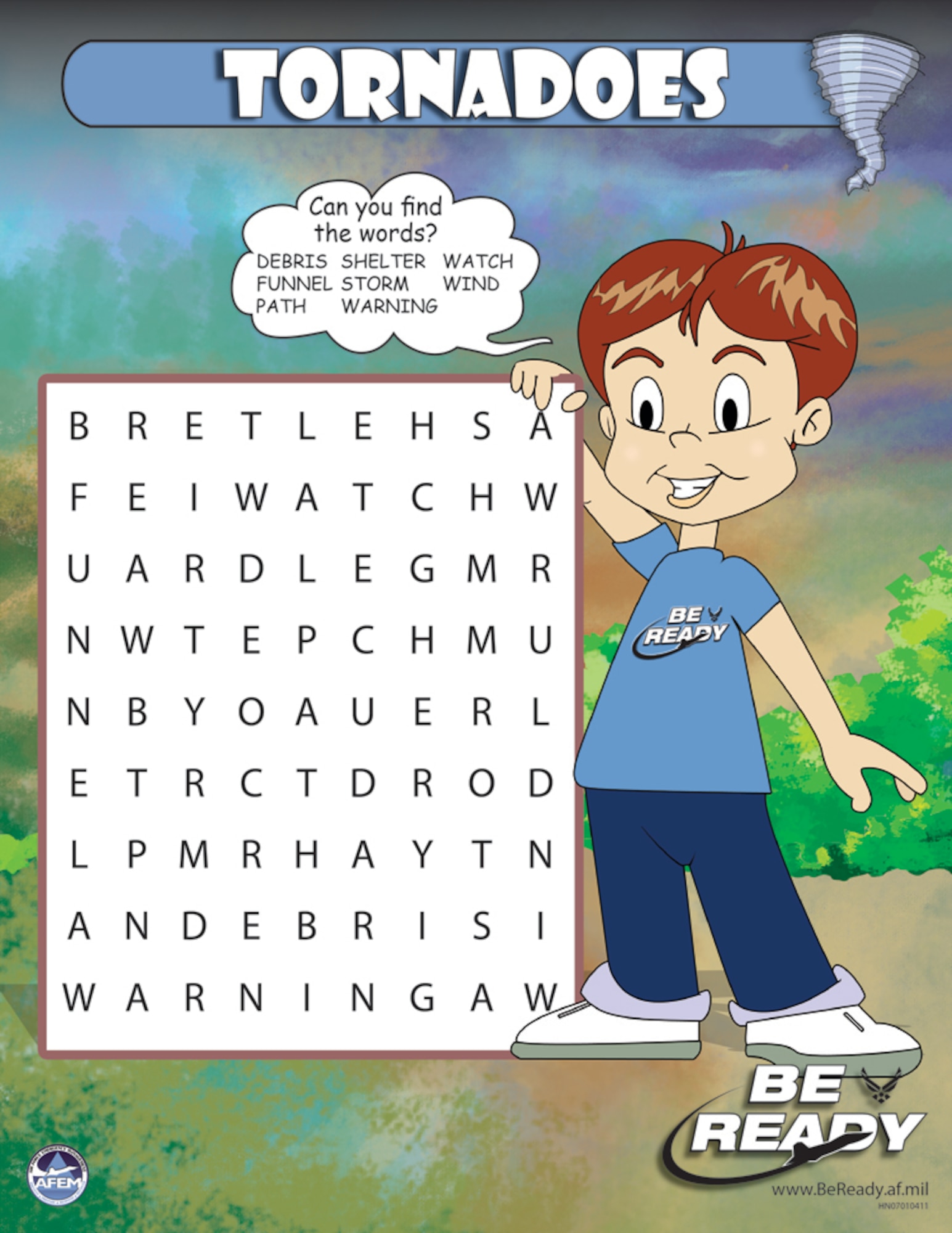 The Air Force's Emergency Preparedness Guide, part of the "Be Ready" campaign, includes activity sheets for children, such as this one designed to help them learn some of the terms associated with tornadoes. The guide is available through installation Emergency Management Offices or the Be Ready website at www.BeReady.af.mil. (U.S. Air Force graphic)