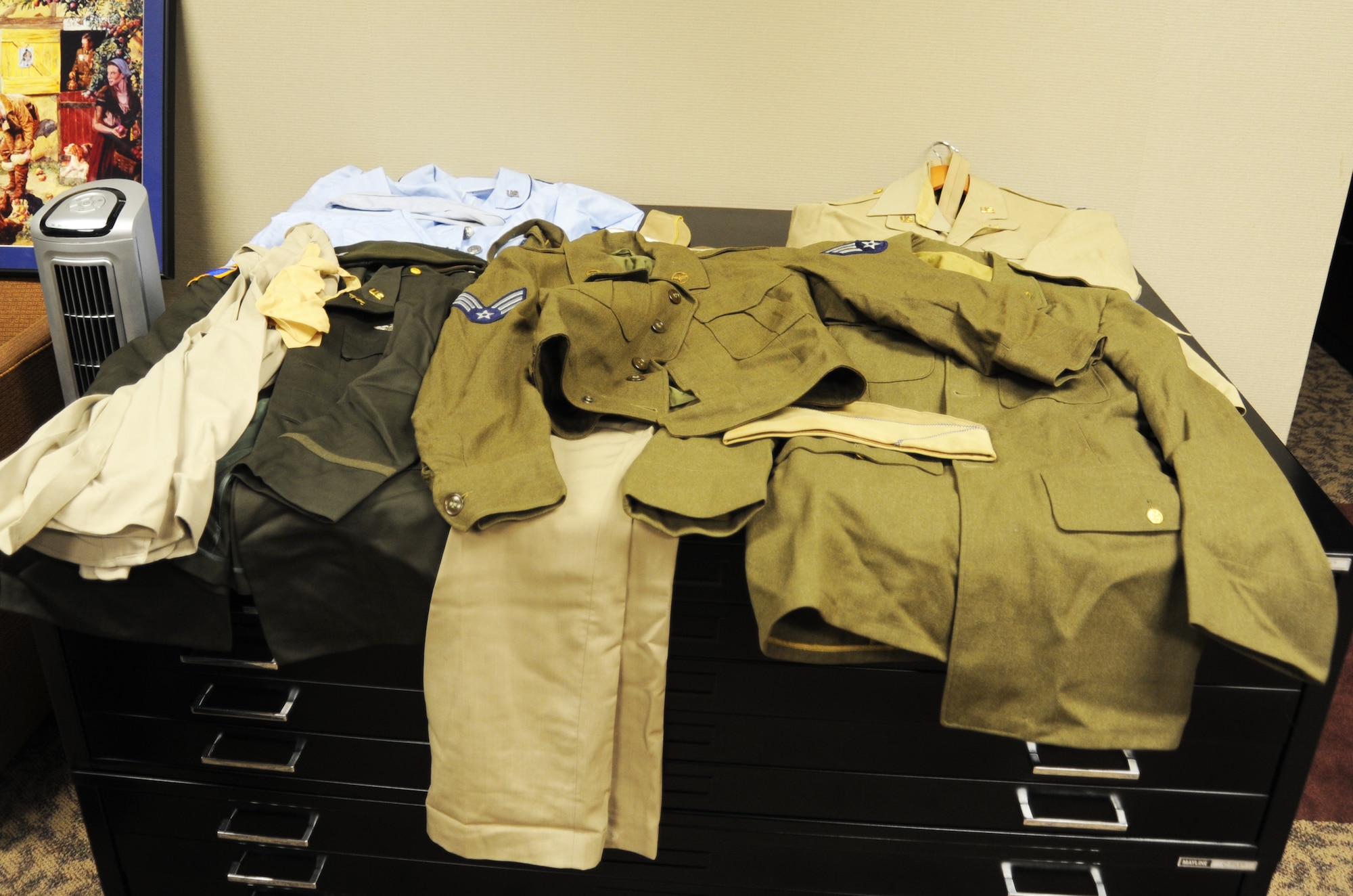 LAUGHLIN AIR FORCE BASE, Texas—Uniforms from the collection of Jack Waid, 47th Flying Training Wing historian, were recently displayed in the Historian’s office here.  Waid owns more than 80 types of Air Force uniforms, which he loans out for use in uniform displays to help share the Air Force image. (U.S. Air Force photo/Jose Mendoza)