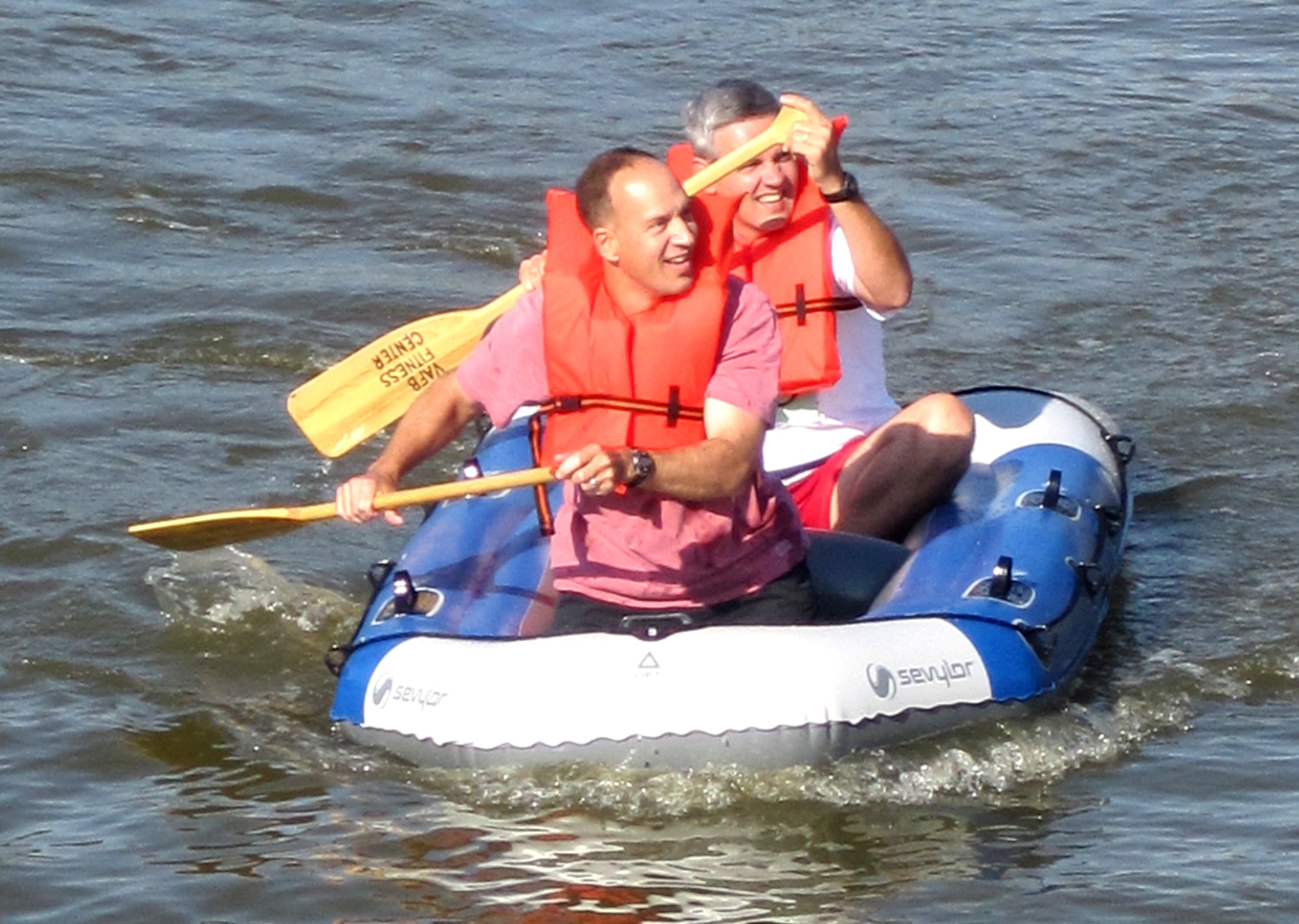 Cols. Douglas Curry, front, and Mike McDaniel compete in the rafting portion of the fifth annual Vance Air Force Base Adventure Race Sept. 10. Curry is the 71st Medical Group commander. McDaniel is the 71st Mission Support Group commander. (Courtesy photo)