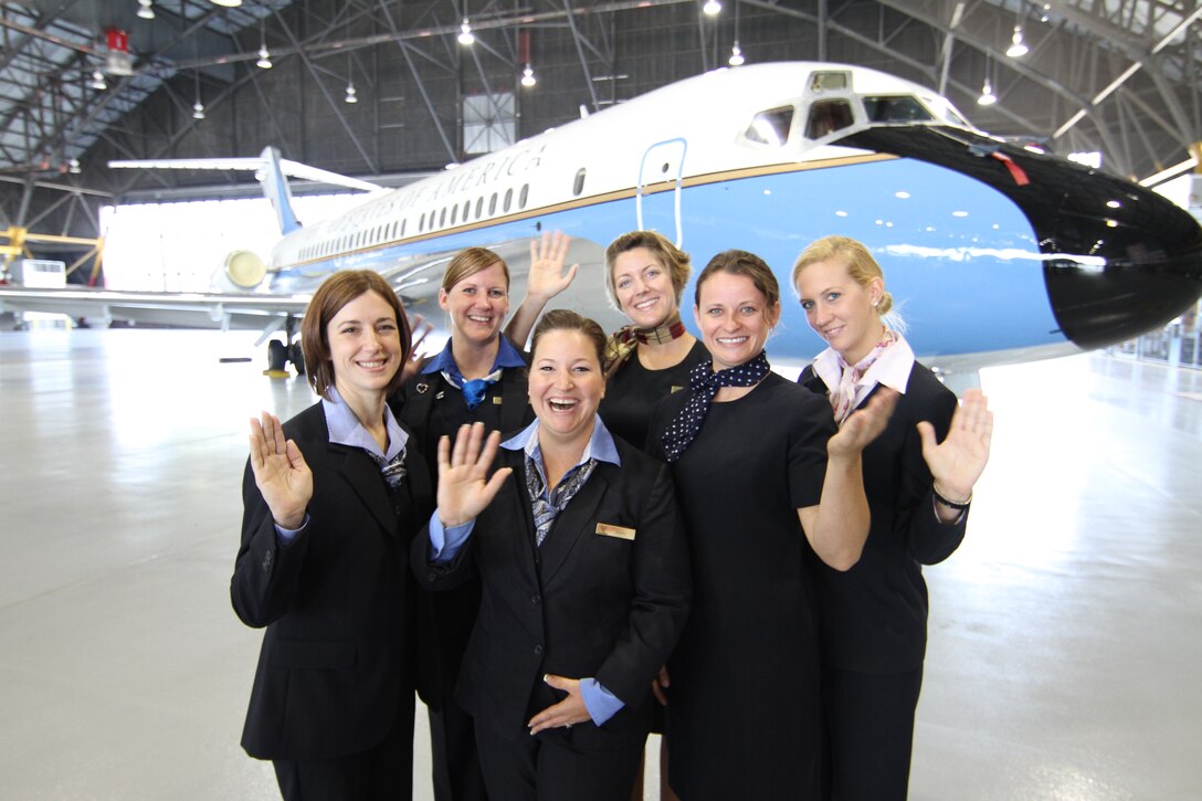Flight attendants wave goodbye to the remaining two VC-9 aircraft which were officially retired from the Air Force Reserve inventory on Sept 11,  at Scott Air Force Base, Ill.  The VC-9s have been part of the 932nd Airlift Wing since 2005.  They have safely flown vice-presidents, the first lady and other senior leaders and dignitaries since the mid-1970s.  From left to right, are: Tech. Sgts. Brandy Dukart, April Tarbill, Danielle Sloan, Master Sgt. Liz Wszalek, Staff Sgt. Andrea Korobey and Tech. Sgt. Jessie Gunderman. (U.S. Air Force photo/Tech. Sgt. Christopher Parr)