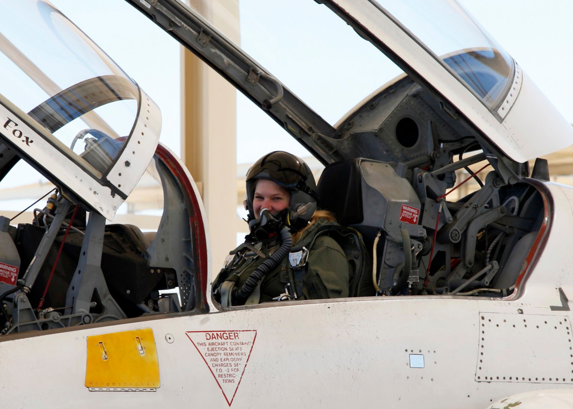 Laura Mowry, 95th Air Base Wing Public Affairs specialist, sits in the back seat of a T-38 Supersonic Trainer before taking off on her incentive flight. (Air Force photo by Christian Turner)