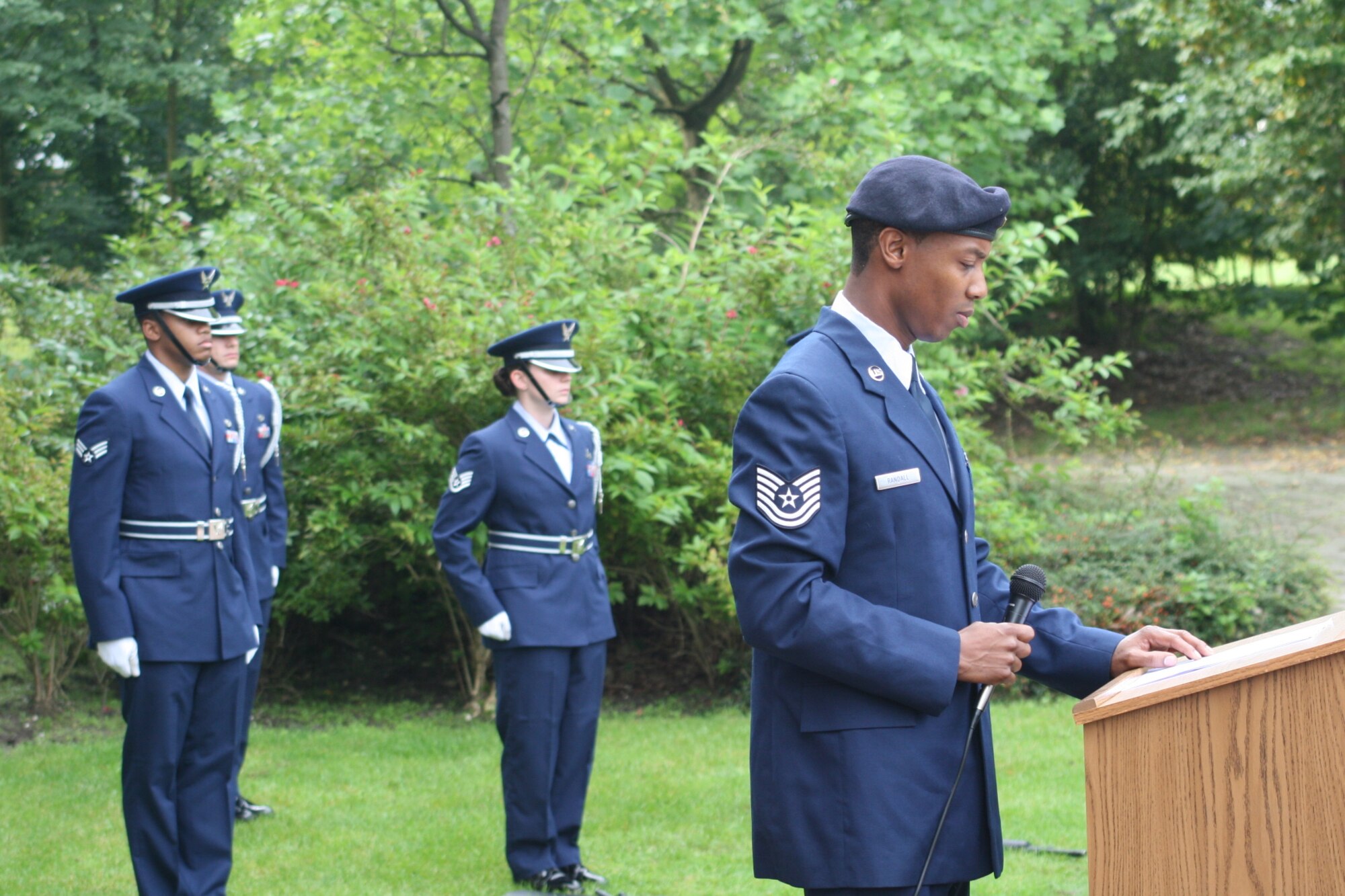 VOLKEL AIR BASE, Netherlands -- Tech. Sgt. Michael Randall, 703rd Munitions Support Squadron, addresses attendees at a memorial ceremony here Sept. 11. The ceremony was to commemorate the 10th anniversary of the Sept. 11, 2001 terrorist attacks on the U.S. Volkel Airmen and members of the Royal Netherlands air force came together to honor those who lost their lives in the 2001 attacks. (U.S. Air Force photo/ Senior Airman Raymond Duesbury)