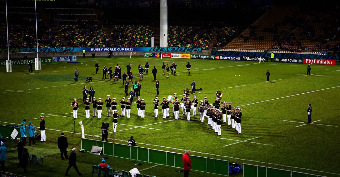 The U.S. Marine Corps Forces, Pacific Band plays at the pre-game ceremony for the match between the USA Eagles and the Russian Bears at the Rugby World Cup 2011 at Stadium Taranaki here Sept. 15. The MARFORPAC band is in New Zealand to kick off a yearlong celebration to commemorate the 70th anniversary of Marines landing in Wellington in 1942. (Official U.S. Marine Corps photo by Lance Cpl. Isis M. Ramirez)