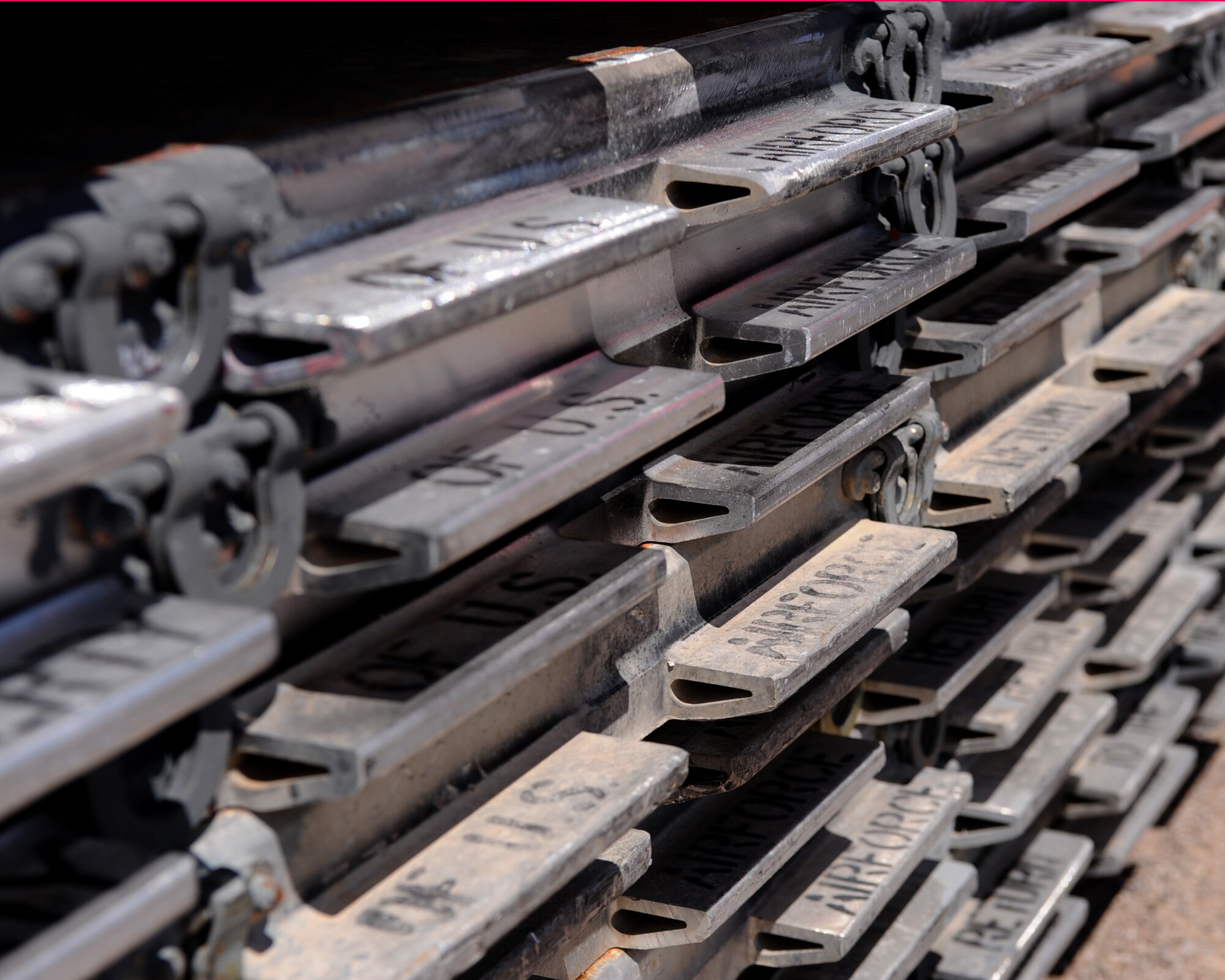 DAVIS-MONTHAN AIR FORCE BASE, Ariz. – 463L Aircraft Pallets lay stacked during the operation readiness exercise here Sept. 13. The 463L Aircraft Pallets is the standard pallet used for transportation in military cargo. (U.S. Air Force photo/Airman 1st Class Christine Halan)
