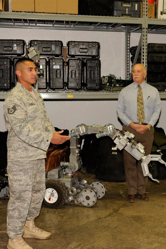 Staff Sgt. Christopher Ferrell, 366th Training Squadron Detachment 3, expresses his gratitude after receiving the Air Force Association "Best in Texas" award from Dr. Mike Winslow, president of the General Charles L. Donnelly Chapter, at Sheppard Air Force Base Sept. 15, 2011. Sergeant Ferrell was recognized for his excellence in duty performance, self improvement and personal achievements.