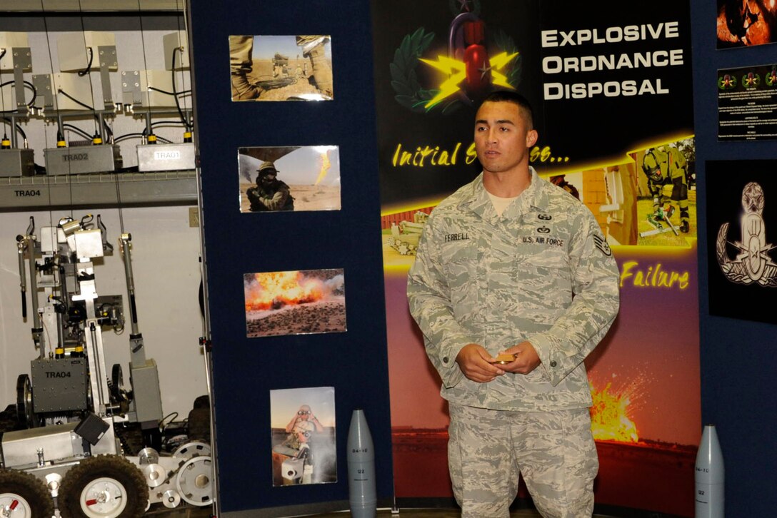 Staff Sgt. Christopher Ferrell, 366th Training Squadron Detachment 3, expresses his gratitude after receiving the Air Force Association "Best in Texas" award at Sheppard Air Force Base Sept. 15, 2011. Sergeant Ferrell was recognized for his excellence in duty performance, self improvement and personal achievements.