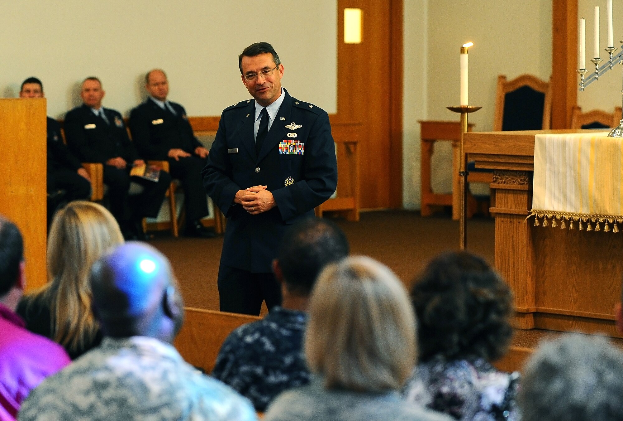 U.S. Air Force Brig. Gen. Donald J. Bacon, commander, 55th Wing, speaks during the 9/11 Memorial Service of Remembrance and Hope held at the SAC Chapel on Offutt Air Force Base, Neb., Sept. 9.  Bacon addressed grieving families who've lost sons and daughters in combat, as well as 55th Wing and U.S. Strategic Command members. (U.S. Air Force photo by Josh Plueger/Released)