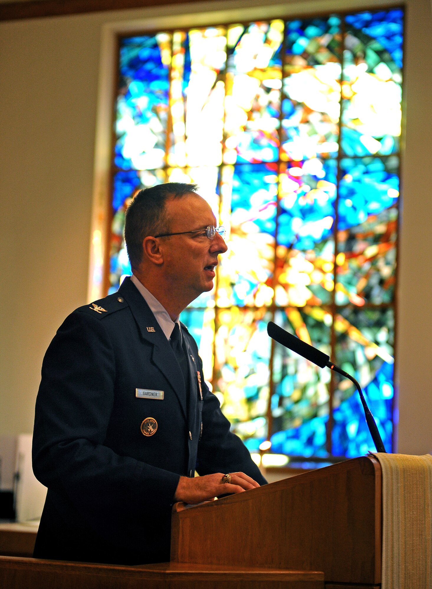 U.S. Air Force Col. Scott R. Gardner, chaplain with the 55th Wing, provides opening remarks for the 9/11 Memorial Service of Remembrance and Hope held at the SAC Chapel on Offutt Air Force Base, Neb., Sept. 9.  Air Force chaplains gave words of hope and comfort to those in attendance, to include those who lost active-duty family members in both the Iraq and Afghanistan military campaigns. (U.S. Air Force photo by Josh Plueger/Released)