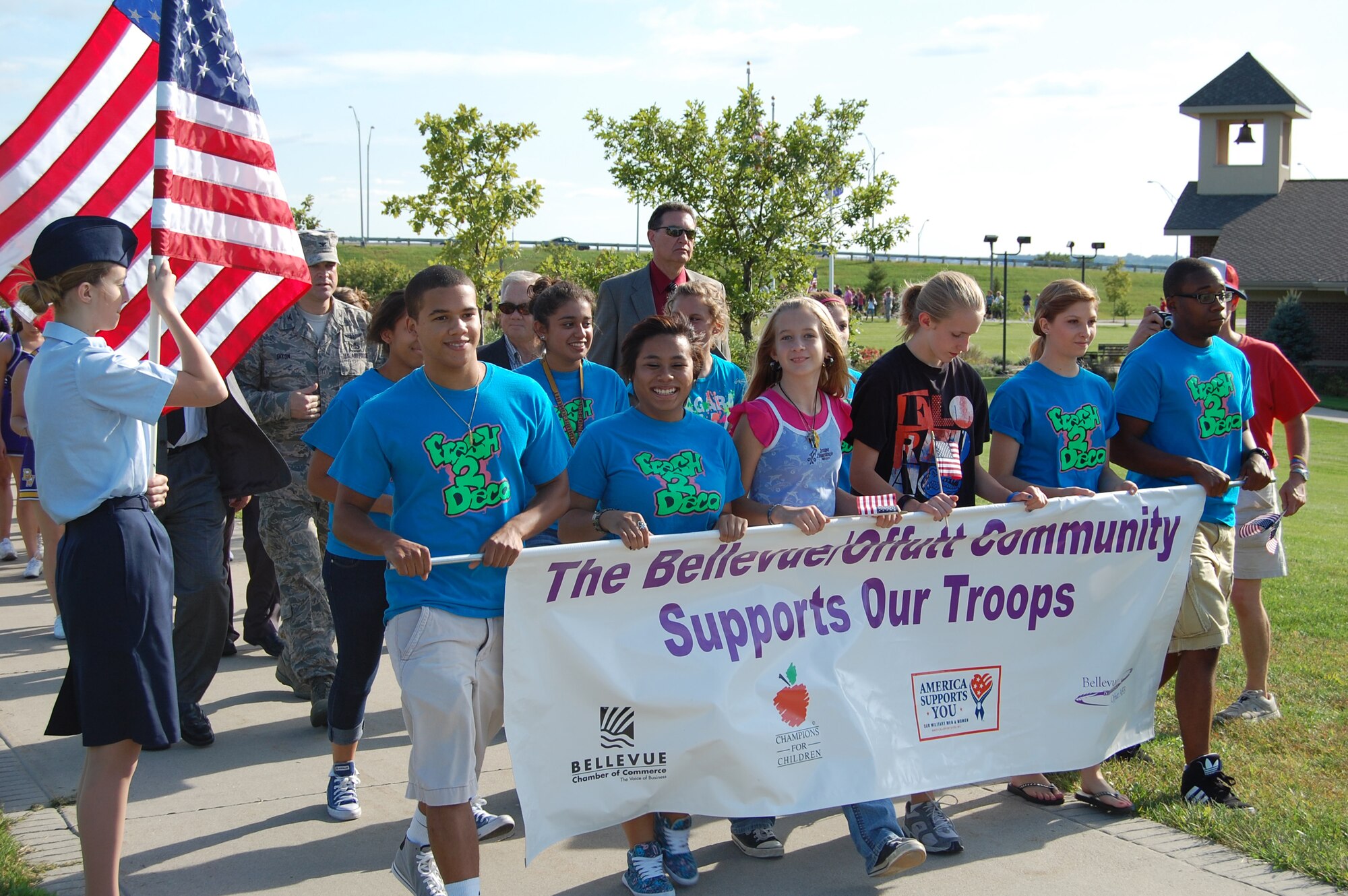 Bellevue Public Schools students and members of the community participate in the sixth annual America Supports You Freedom Walk ceremony on Sept. 8 at the Lied Activity Center in Bellevue, Neb. The walk is a show of support for men and women in uniform who make sacrifices to protect the nation. (U.S. Air Force photo by Senior Airman Peter R.O. Danielson/Released)