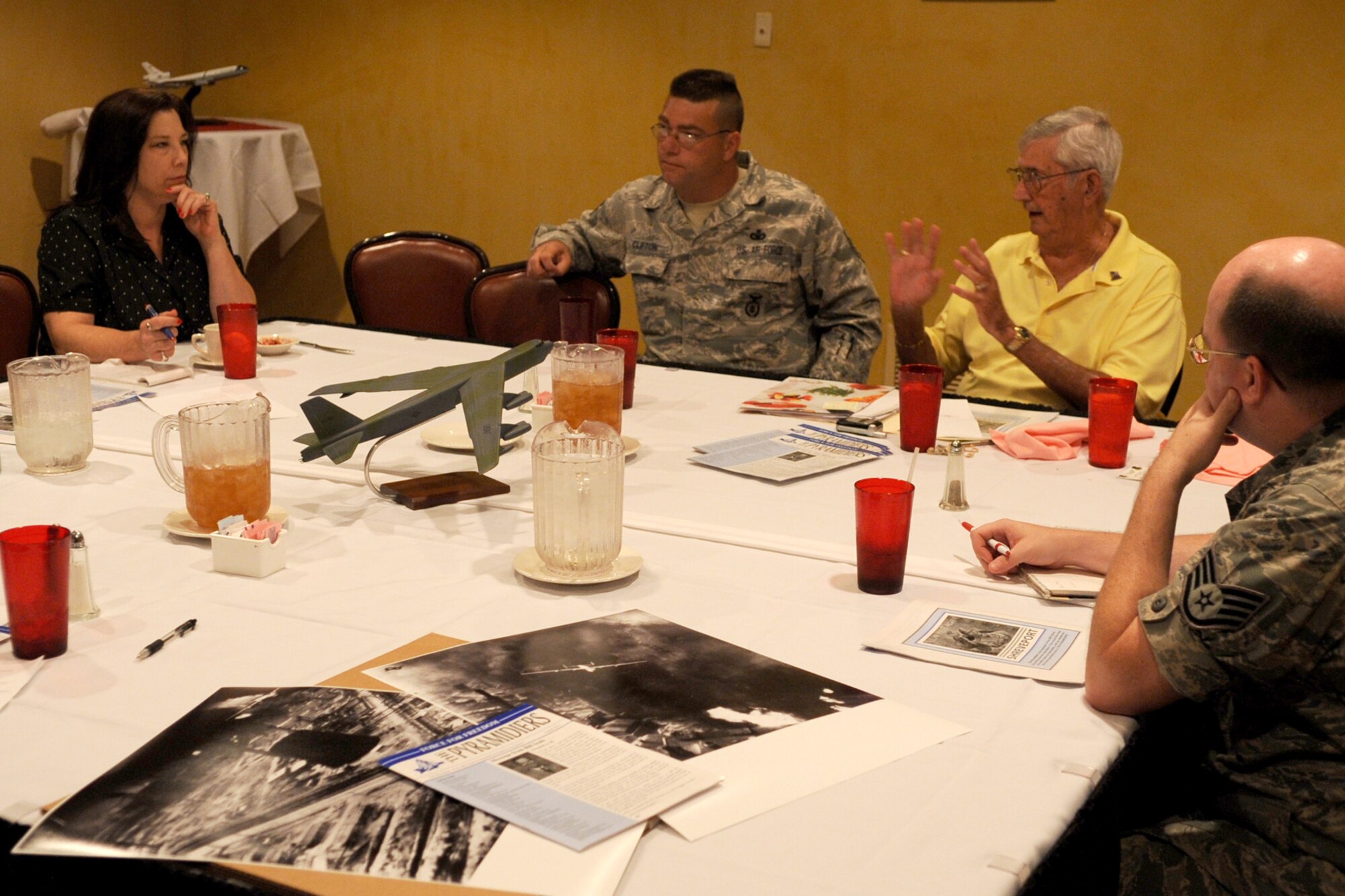 Mr. Dennis Posey, 98th Bomb Group/Wing Veterans Association reunion coordinator, meets with members of the reunion planning committee at Barksdale Air Force Base, La., Sept. 14, 2011. The reunion, scheduled for Oct. 17 - 21, 2011, will highlight the achievements of the bomb group during World War II for their daytime raids against the oil refineries around Ploesti, Romania. (U.S. Air Force photo by Master Sgt. Greg Steele/Released)