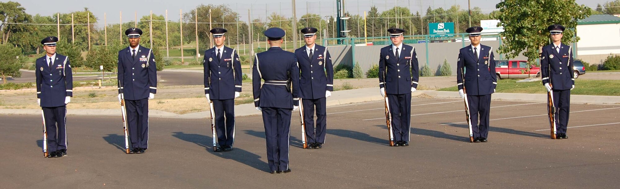 Members of the Malmstrom Honor Guard practice for the 21-Gun Salute they would later perform at Veteran's Memorial during the 9/11 "Nevery Forget" ceremony. (U.S. Air Force photo/Valerie Mullett)
