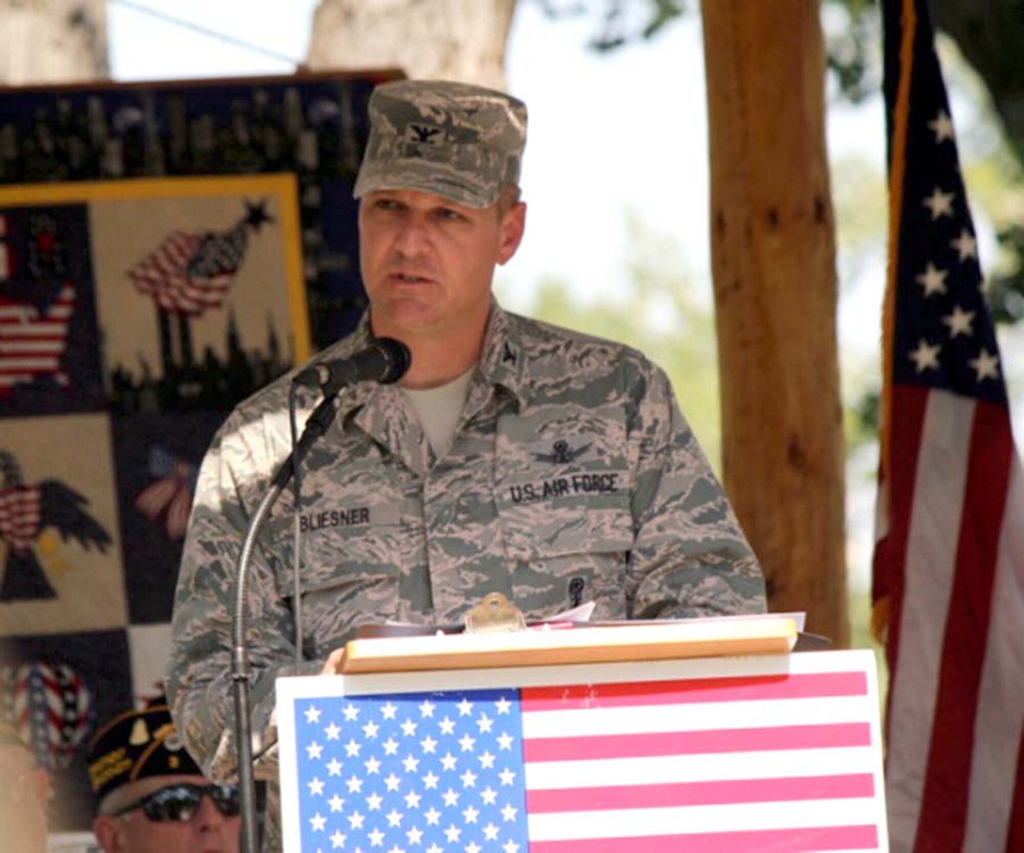 Col. David Bliesner, 341st Maintenance Group commander, delivers the keynote address at a 9/11 Remembrance celebration in Fort Benton, Mont., on Sunday. He shared his experience of being at the Pentagon on the day of the attacks 10 years ago. (Courtesy Photo)