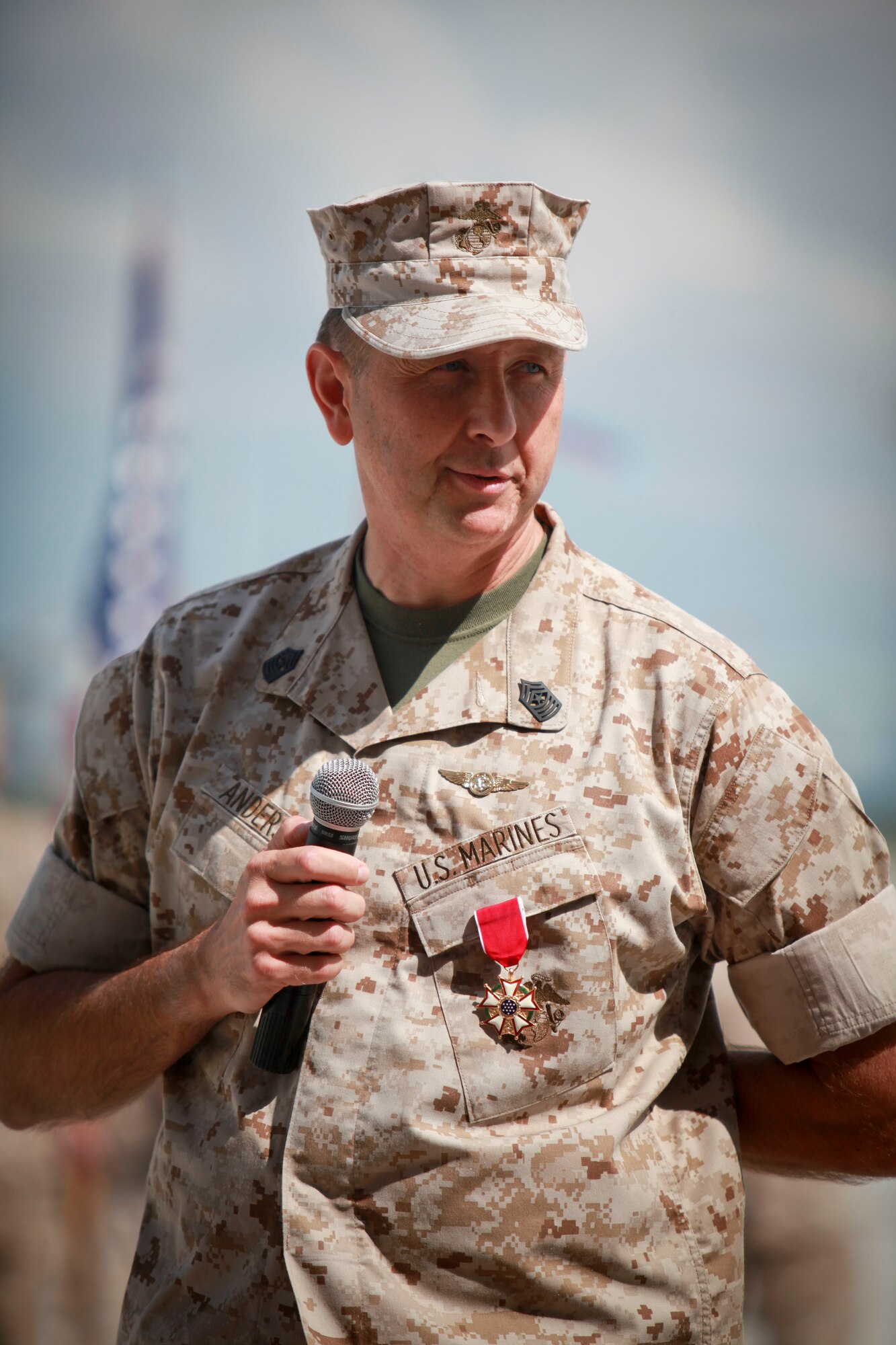 U.S. Marine Corps Sgt. Maj. Paul K. Anderson, 4th Marine Aircraft Wing, reflects on 33 years of service during his retirement ceremony at Joint Base McGuire-Dix-Lakehurst Sept. 10. Anderson assumed the duties as the 4th MAW sergeant major in September of 2008, and was replaced by Sgt. Maj. Kourtney Curtis. (U.S. Marine Corps photo by Sgt. Alvin D. Parson/Released)


