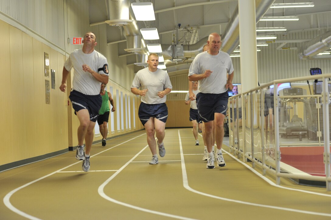 Col. Hronek and other members of the 120th Fighter Wing’s leadership take part in the fitness test at the new facilities located at Malmstrom Air Force Base.
(U.S. Air Force photo by Staff Sgt John Turner.)