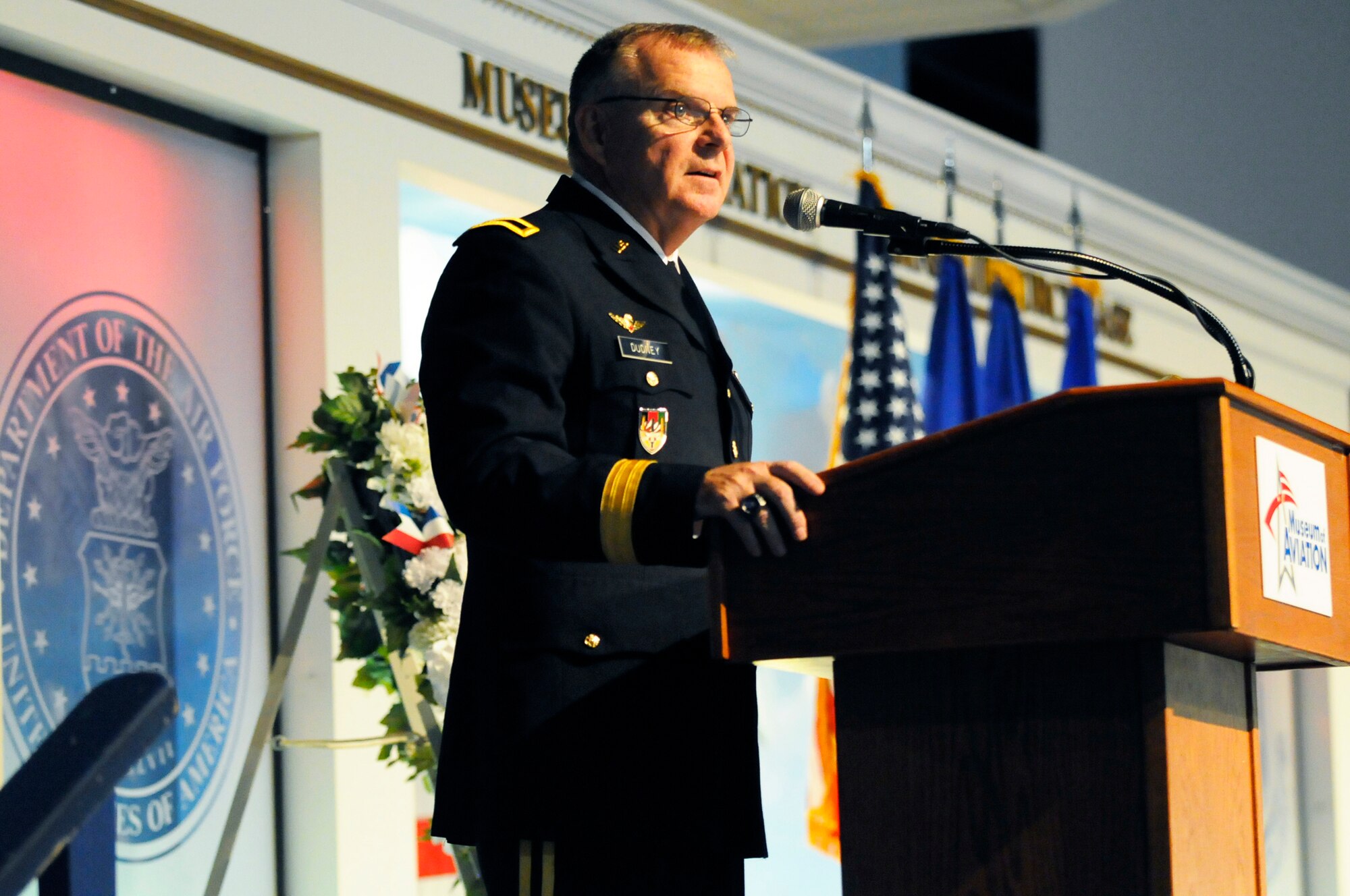 Army Brig. Gen. Larry Dudney, who was at the Pentagon during the attack, was guest speaker at the Robins Sept.11 commemoration ceremony. Gen. Dudney received the Soldier's Medal and the Valley Forge Cross of Heroism from the National Guard Bureau for his actions following the Pentagon attack. U. S. Air Force photo by Sue Sapp