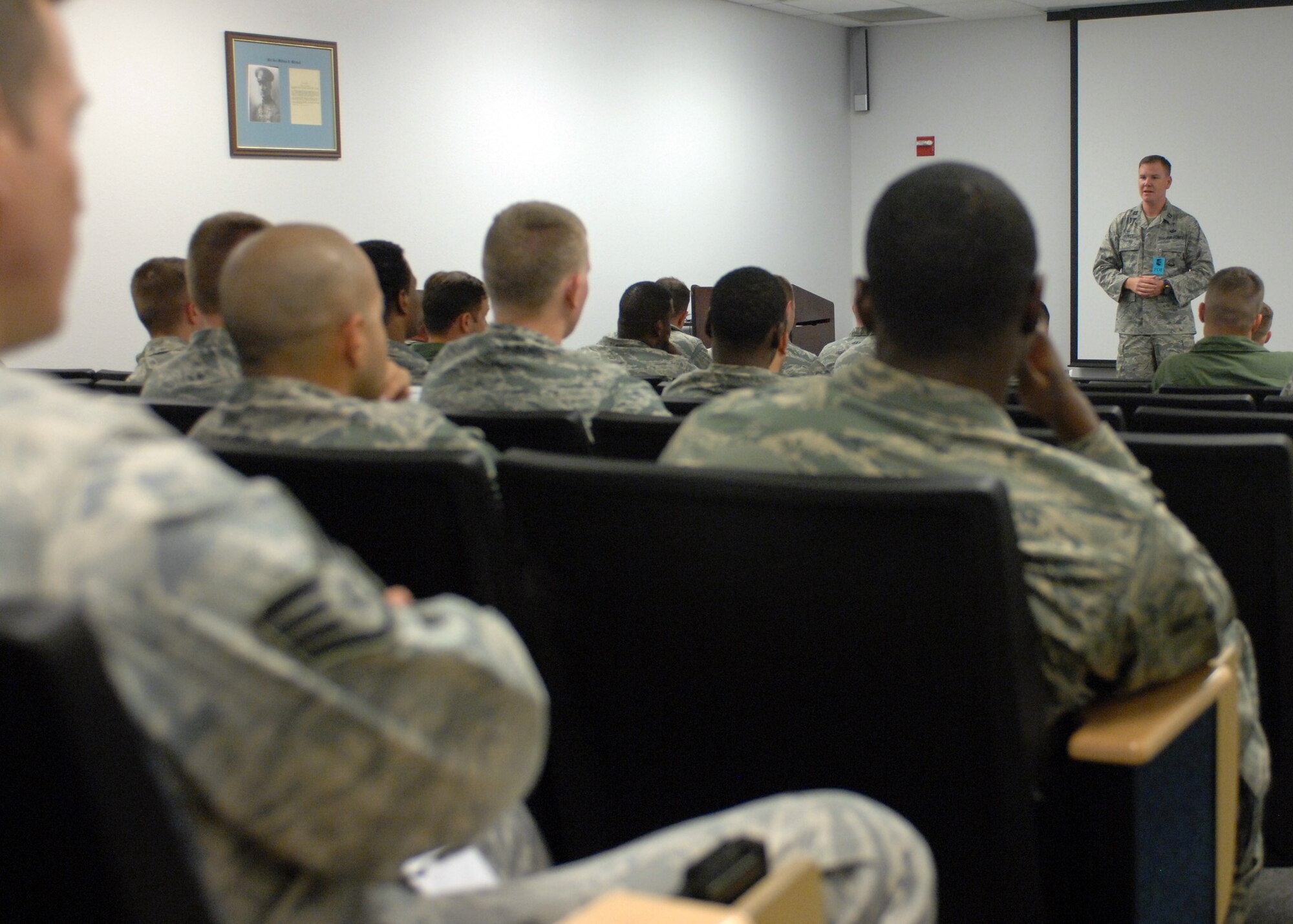 DAVIS-MONTHAN AIR FORCE BASE, Ariz. – Chaplain (Capt.) Raymond Boyer, 355th Fighter Wing, briefs Airmen from the 355th FW during the operational readiness exercise here Sept. 13. Chaplain Boyer talked about some of the services the chapel provides to deployed Airmen and their families. (U.S. Air Force photo/Airman 1st Class Timothy D. Moore)