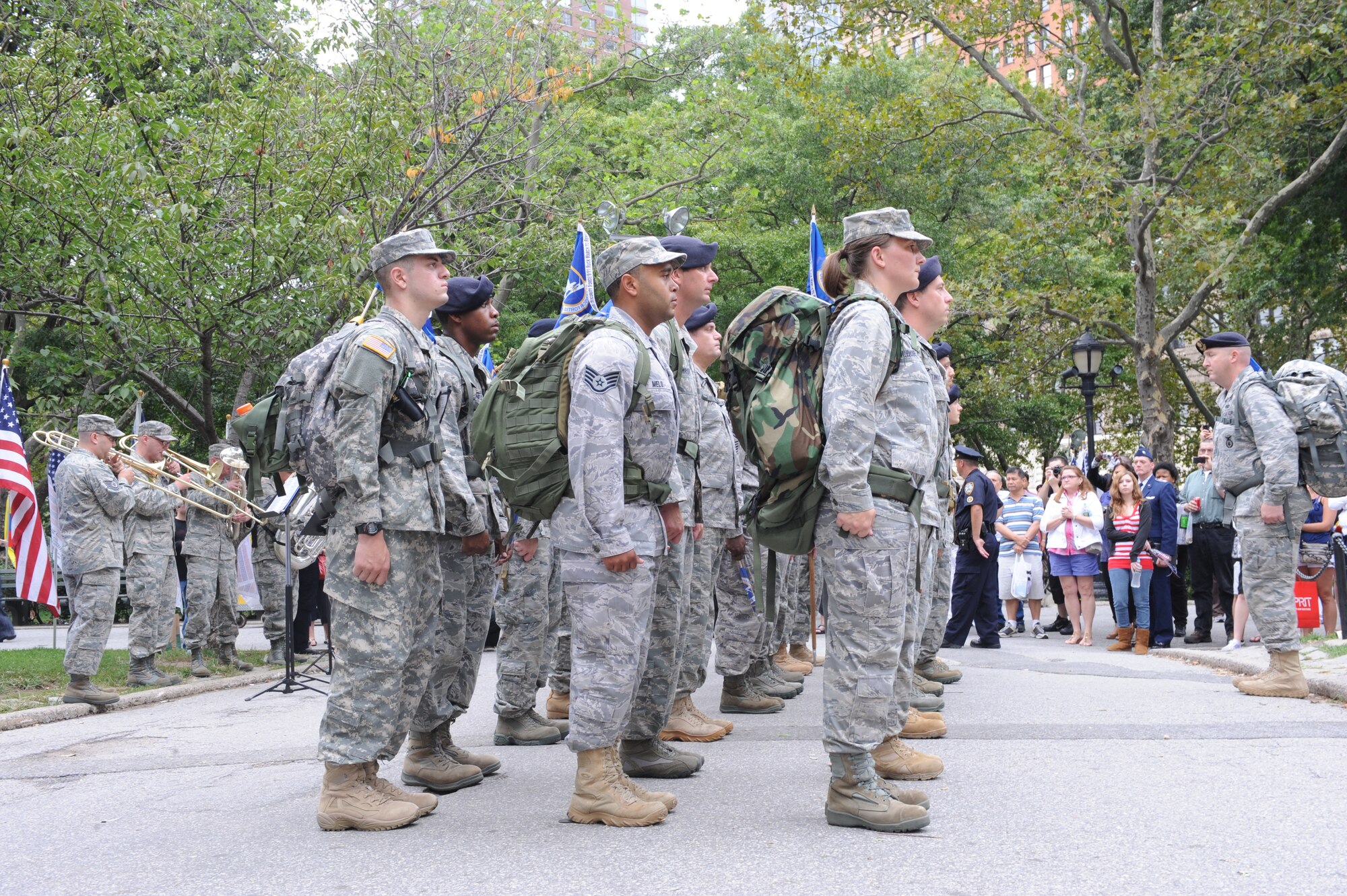Maj. Jim Alves places a flight of security forces Airmen at attention as they complete their Security Forces 9/11 Ruck March to Remember Sept. 11, 2011 in Battery Park, New York. The 2,182 mile march began July 12 in San Antonio.  Alves is the 4th Security Forces Squadron commander and hails from Boston. (U.S. Air Force photo by 2nd Lieutenant Keavy Rake)