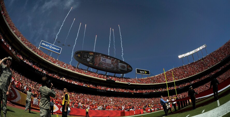 KANSAS CITY, Mo. - A-10 Thunderbolts II from Whiteman Air Force Base's 442nd Fighter Wing flyover Arrowhead Stadium during the Chief's season opener Sept. 11. The Chiefs hosted a special pre-game in honor of those who passed during the events of 9/11. More than 150 local first responders, with the help of the Chiefs and Buffalo Bills, hold up an American flag on the field while the jets fly over. (U.S. Air Force photo by Senior Airman Cody H. Ramirez)