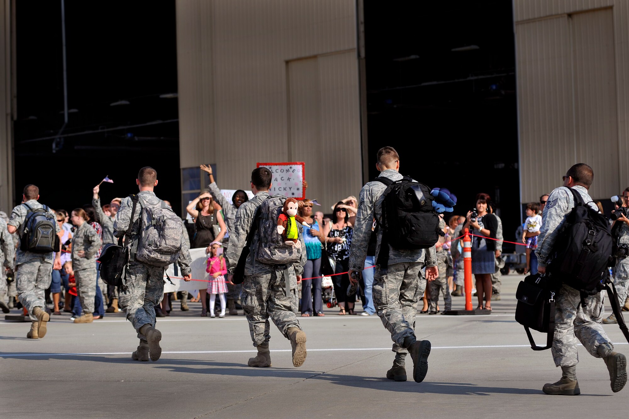 U.S. Air Force crew chiefs and maintainers are welcomed home by family and friends upon their return from a five month deployment in support of Operation Unified Protector, Shaw Air Force Base, S.C. Sept. 14, 2011. The mission of the 77th FS crew chiefs and maintainers was to support 77th FS pilots as they provided air suppression and destruction of enemy defenses. (U.S. Air Force photo by Senior Airman Kenny Holston/Released)


