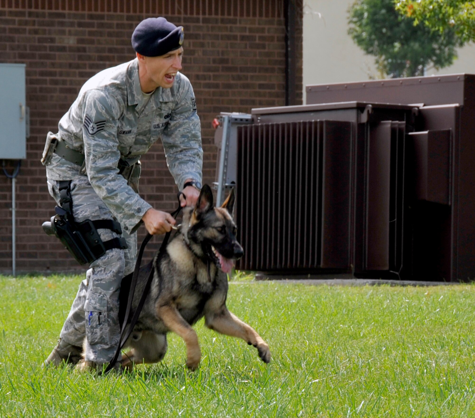 Airmen from the 509th Security Forces Squadron do a military-working dog demonstration for reservists and their families, Sept. 10, 2011 at the 442nd Fighter Wing Family Day picnic. The 442nd FW is an A-10 Thunderbolt II Air Force Reserve unit at Whiteman AIr Force Base, Mo. (U.S. Air Force photo/ Senior Airman Wesley Wright)