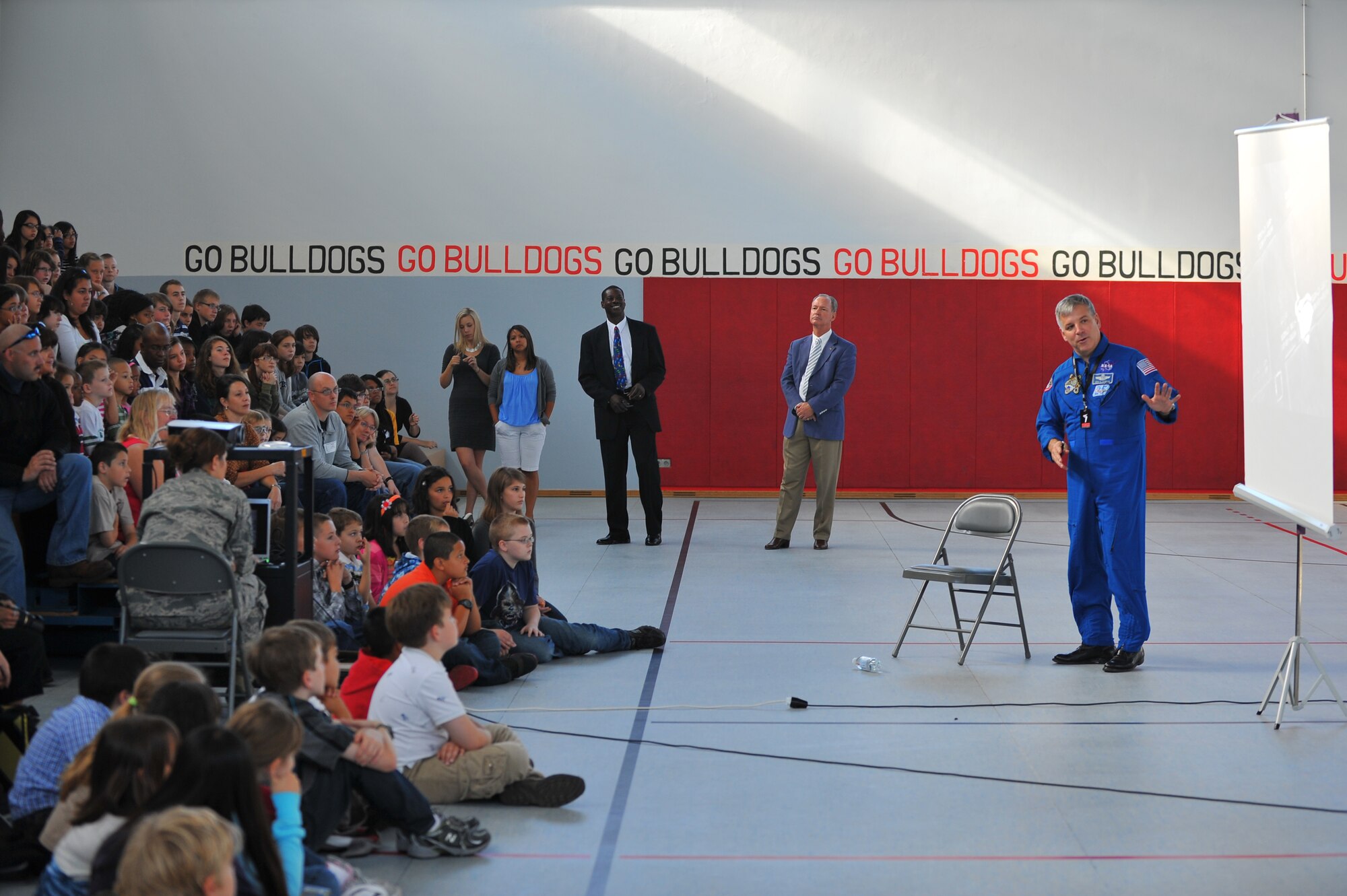 SPANGDAHLEM AIR BASE, Germany – Retired U.S. Air Force Col. Gregory “Box” Johnson, NASA STS-134 Endeavour pilot, talks about his experiences in the NASA space program to children at Spangdahlem Air Base Middle School during a tour here Sept. 14. The NASA astronaut tour visits all Air Force bases in Europe and is intended to give Airmen insight on making the jump from the military to the space program. (U.S. Air Force photo/Airman 1st Class Dillon Davis)