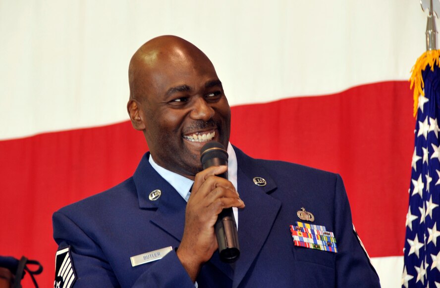 Master Sgt. Donald Butler, 442nd Force Support Squadron, sings the national anthem during a 303rd Fighter Squadron change-of-command ceremony, Sept. 10, 2011. During the change of command, Lt. Col. Stephen Nester assumed command from Col. Brian Borgen. The 303rd Fighter Squadron is part of the 442nd Fighter Wing, an A-10 Thunderbolt II Air Force Reserve unit at Whiteman Air Force Base, Mo. (U.S. Air Force photo/Senior Airman Wesley Wright)