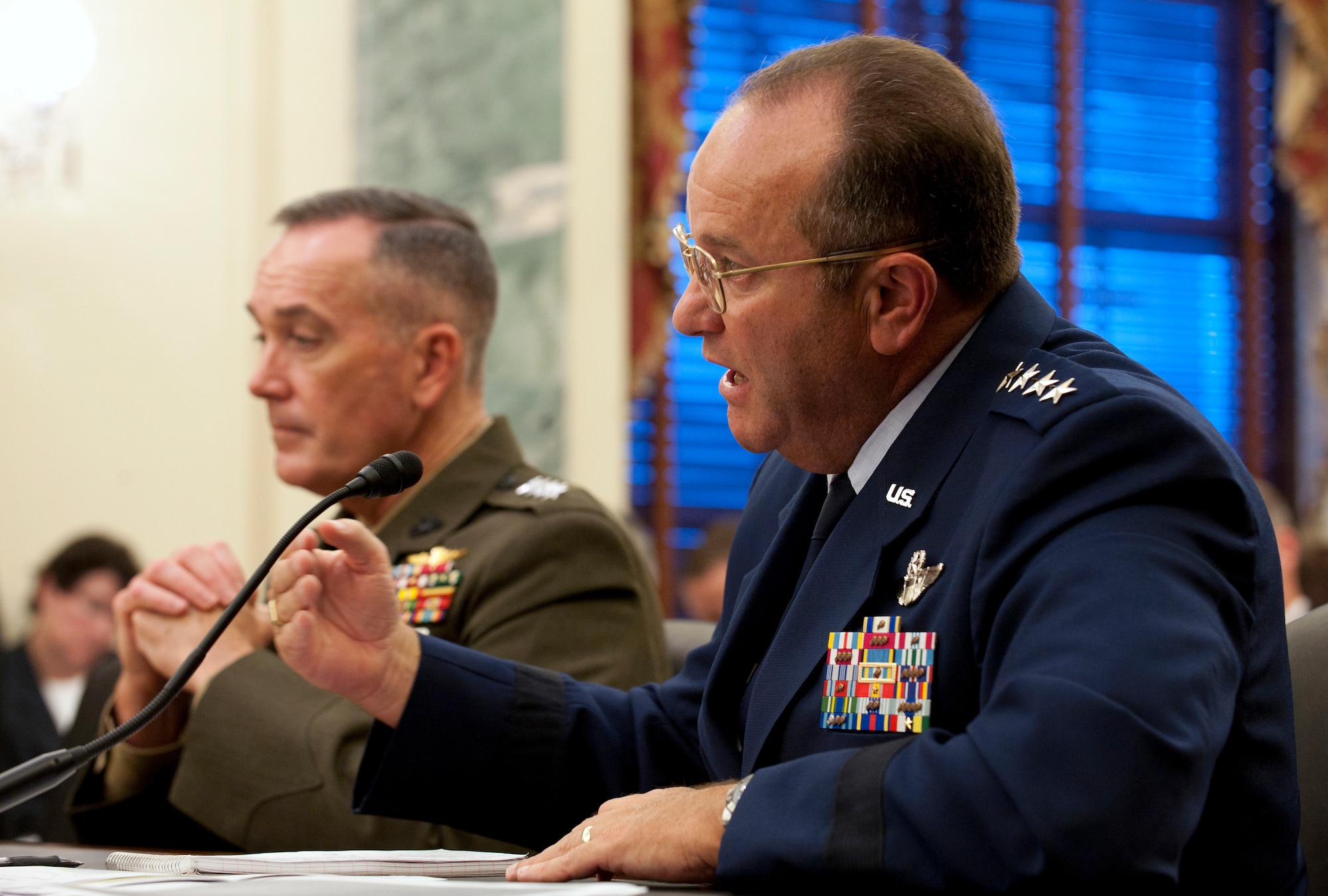 Air Force Vice Chief of Staff Gen. Phil Breedlove (right) answers a question about general officer and senior executive service authorizations in the military Sept. 14, 2011, in Washington, D.C., during a hearing of the Senate Armed Services Committee's Subcommittee on Personnel. Also pictured is Assistant Commandant of the Marine Corps Gen. Joseph Dunford, Jr. (U.S. Air Force photo/Jim Varhegyi)