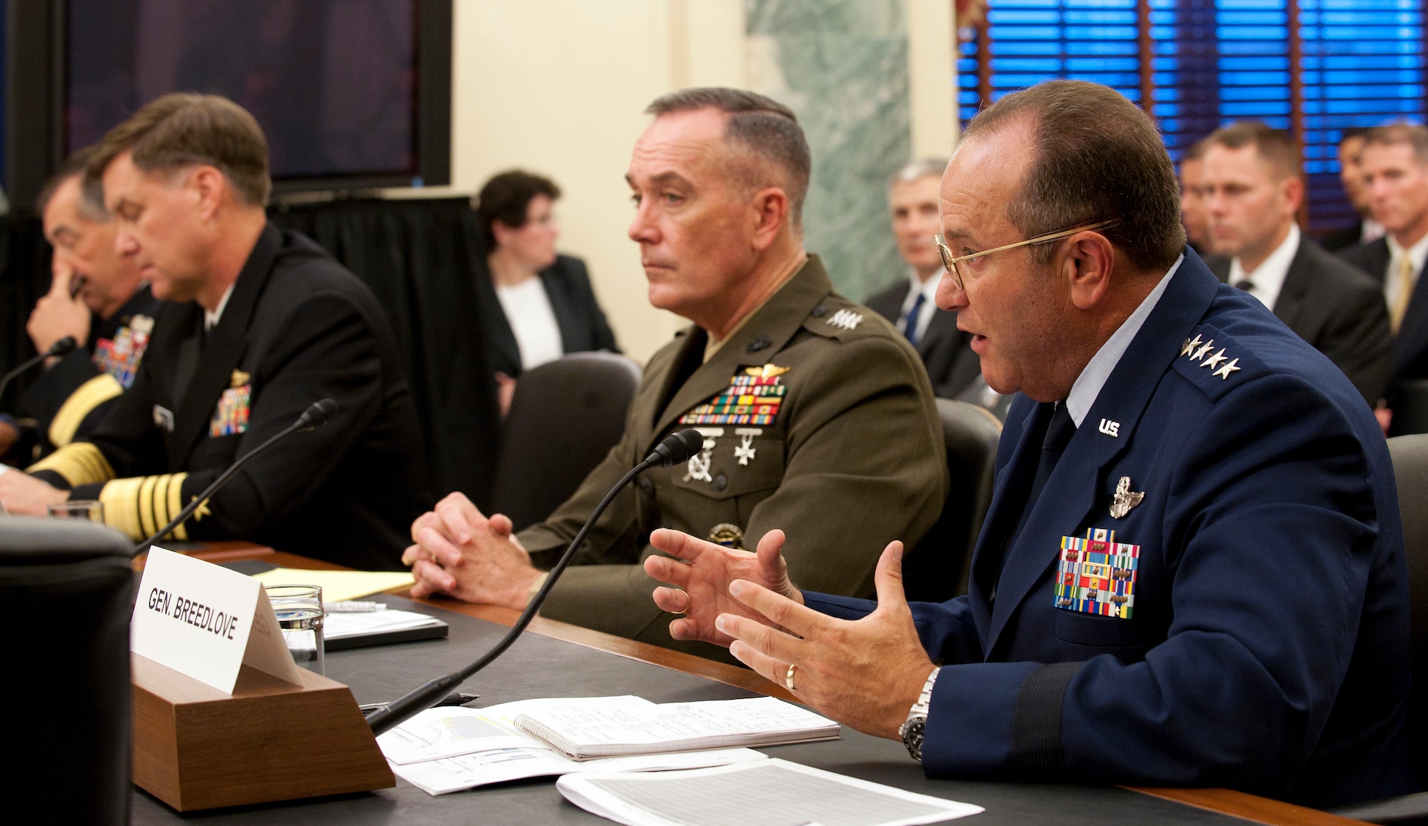 Air Force Vice Chief of Staff Gen. Phil Breedlove (right) answers a question about general officer and senior executive service authorizations in the military Sept. 14, 2011, in Washington, D.C., during a hearing of the Senate Armed Services Committee's Subcommittee on Personnel. Also pictured (from left) Army Vice Chief of Staff Gen. Peter Chiarelli, Vice Chief of Naval Operations Adm. Mark Ferguson III and Assistant Commandant of the Marine Corps Gen. Joseph Dunford, Jr. (U.S. Air Force photo/Jim Varhegyi)