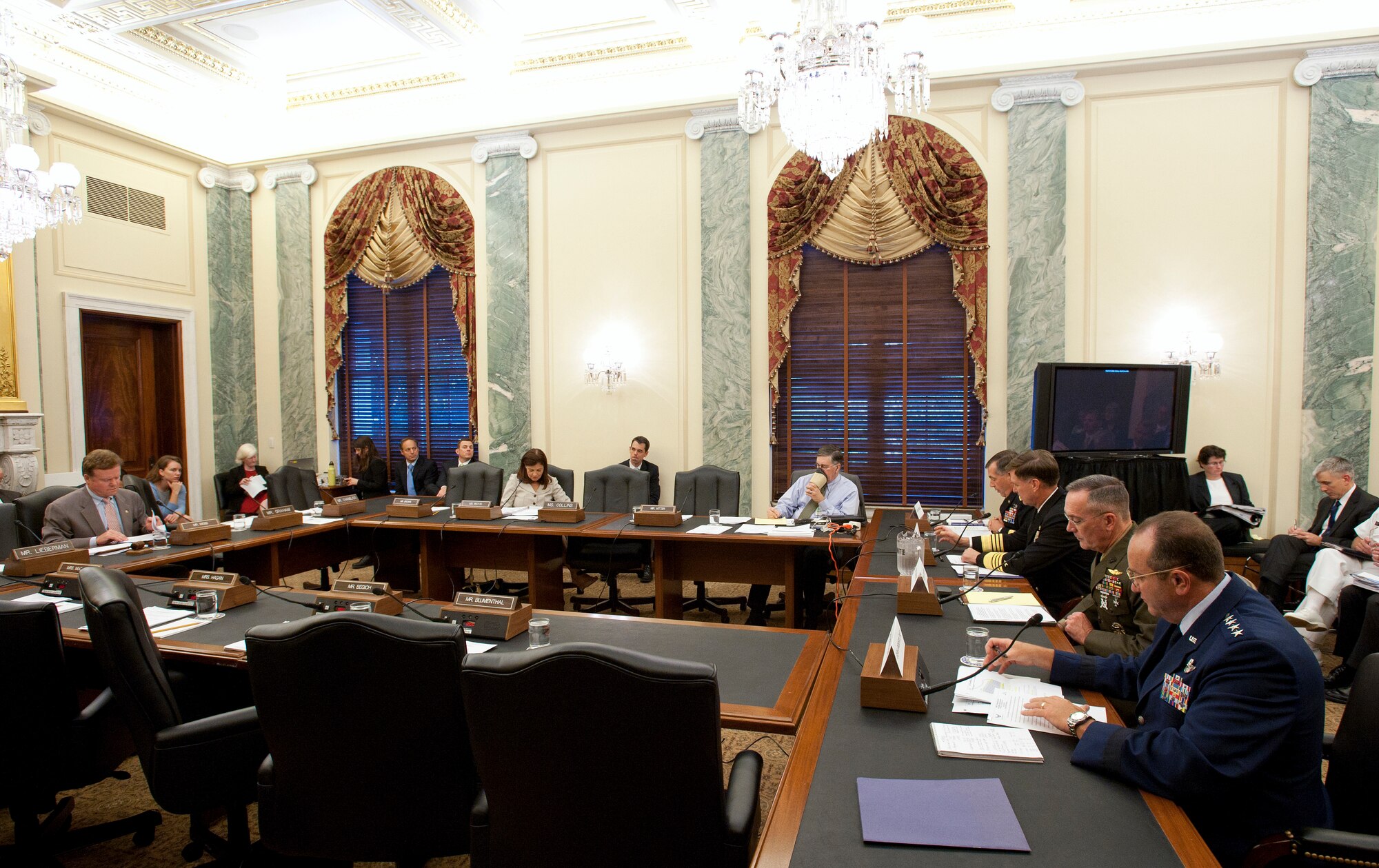 Air Force Vice Chief of Staff Gen. Phil Breedlove (seated far right) joins his Army, Navy and Marine Corps counterparts in discussing general officer and senior executive service authorizations in the military Sept. 14, 2011, in Washington, D.C., during a hearing of the Senate Armed Services Committee's Subcommittee on personnel. (U.S. Air Force photo/Jim Varhegyi)