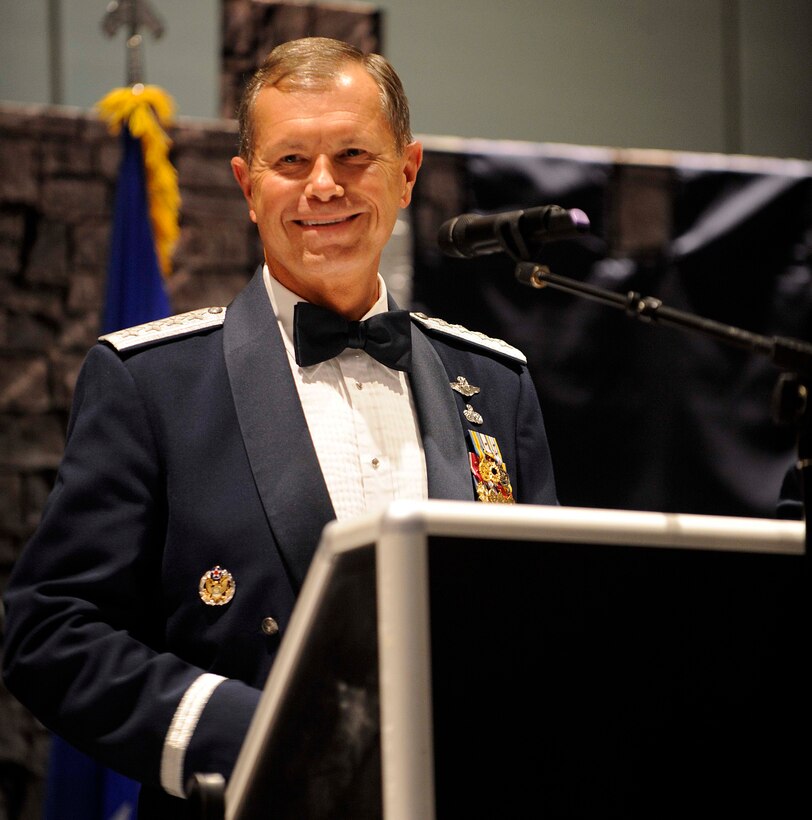 U.S. Air Force Gen. William M. Fraser III commander of Air Combat Command, addresses a crowd of approximately 500 Airmen from across ACC during the Order of the Sword CeremonySept. 12, 2011, in Hampton, Va. Fraser was presented the Order of the Sword by enlisted Airmen for his abilities to care for and prepare Airmen to meet the nation?s demands. (U.S. Air Force photo by Staff Sgt. Dana Hill/Released)