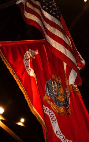 A 48-star U.S. flag and the colors of the 2nd Marine Division are displayed at Old St. Paul's cathedral. The U.S. Marine Corps Forces, Pacific Band performed a concert here Sept. 16. Old St. Paul's is a cathedral Marines commonly attended while stationed here in World War II.