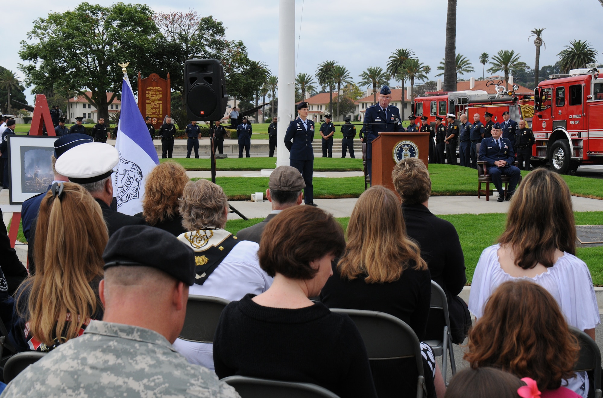 Col. Frank Simcox, 61st ABG commander, speaks at a ceremony marking the 10th Anniversary of the 9-11 terrorist attack, Sept. 11. Members of the Los Angeles and El Segundo police and fire departments participated in the event held at Fort MacArthur. Col. Charles Helwig, Satellite Control and Network Systems Division director, was the keynote speaker.  (Photo by Joe Juarez)