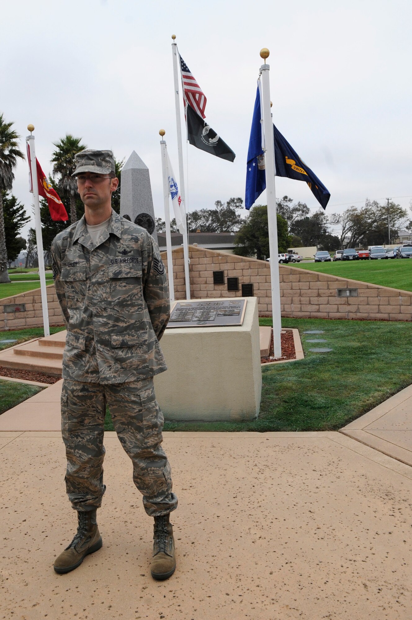 VANDENBERG AIR FORCE BASE, Calif. – During a 24-hour vigil, members of the 30th Space Wing read the names of individuals taken as prisoners of war and listed as missing in action here Thursday, Sept. 15, 2011. Tech. Sgt Jeramey Conley, from the 533rd Training Squadron, stands silently in front of the POW/MIA memorial here. (U.S. Air Force photo/ Staff Sgt. Scottie T. McCord)