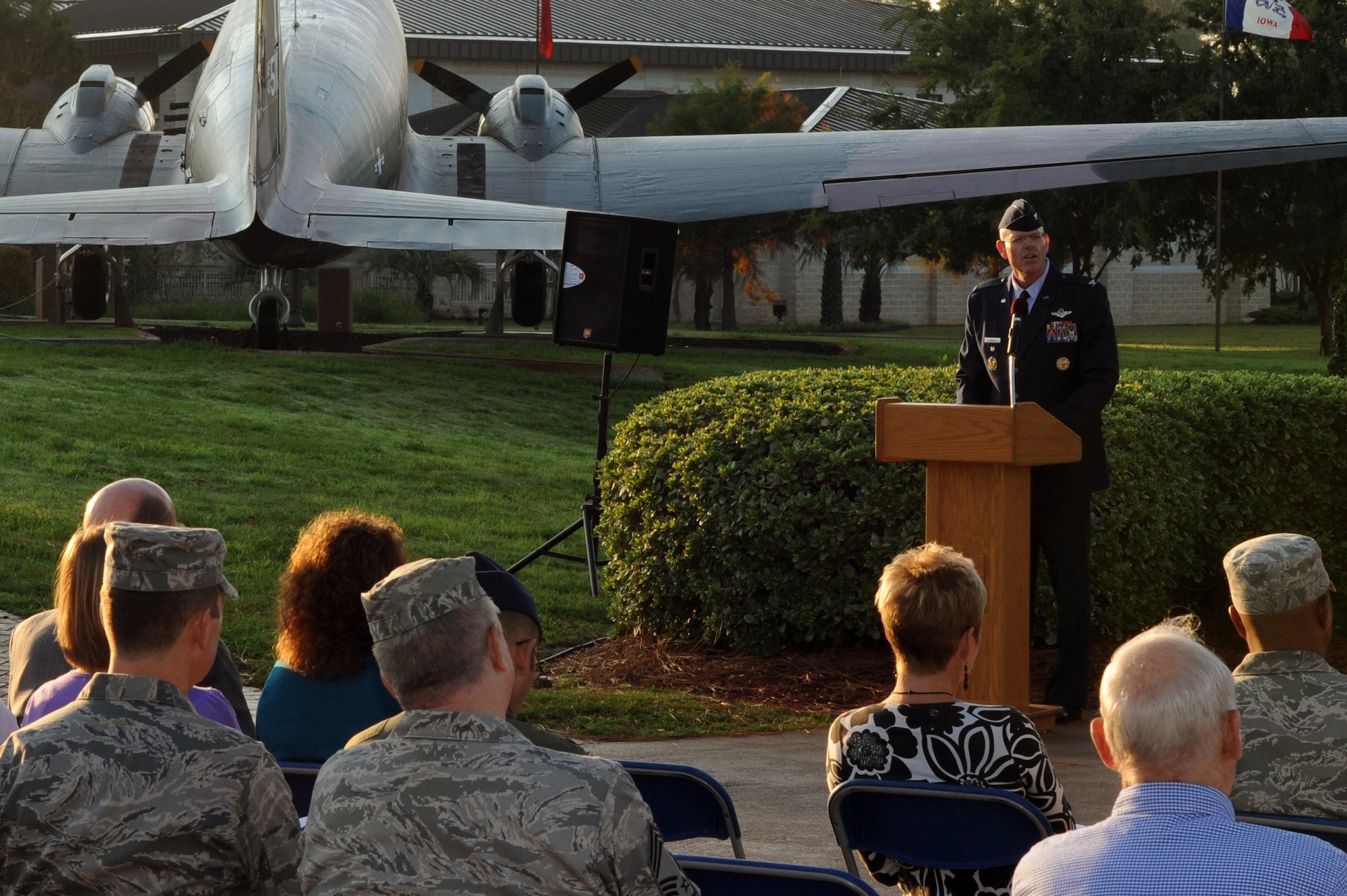 Col. Ted Fordyce, vice commander of the 1st Special Operations Wing, recalls the history of prisoner of war and missing in Action service at the airpark on Hurlburt Field, Fla., Sept. 16, 2011. Immediately following the ceremony to commemorate the National POW/MIA Recognition Day was a 5K run. (U.S. Air Force photo/Senior Airman Eboni Reams)(Released)